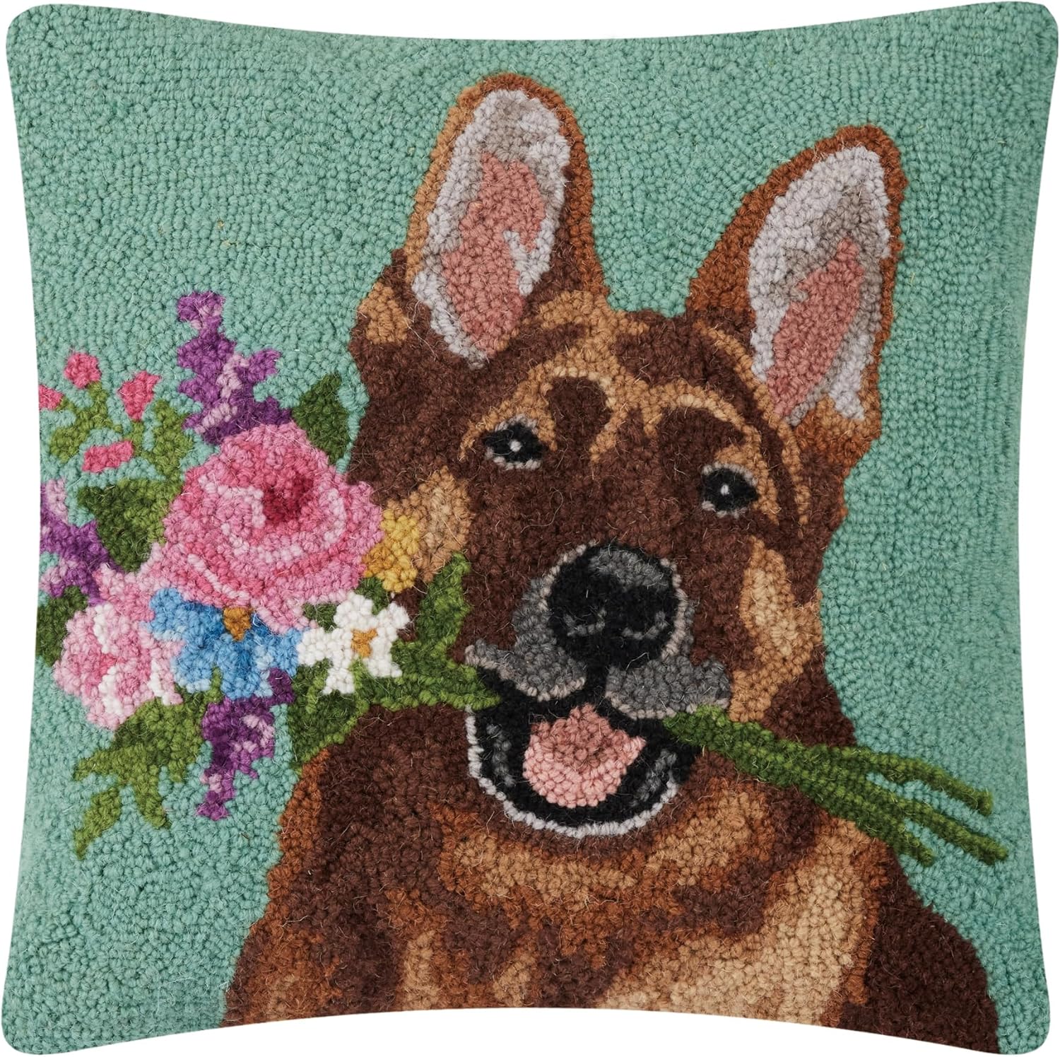 Peking Handicraft Floral German Shepherd Poly Fill Hook Throw Pillow, 18-inch Square, Home Decoration