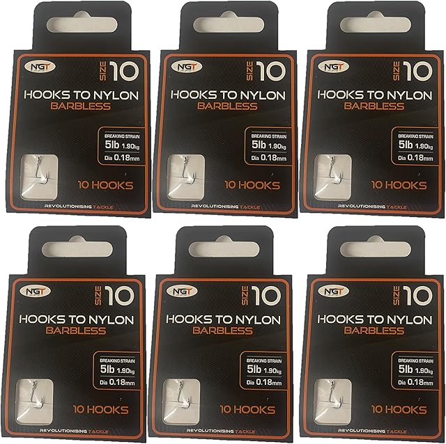 60 x NGT Barbless Hooks To Nylon Size 10 Match Carp Coarse Fishing Tackle 6 Packs Of 10