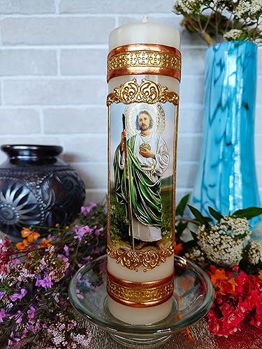 Miniatura 4 de Vela devocional en relieve de San Judas Tadeo con calcomanía Cirio de San Charbel con Repujado Vela de pilar sin perfume regalo religioso católico