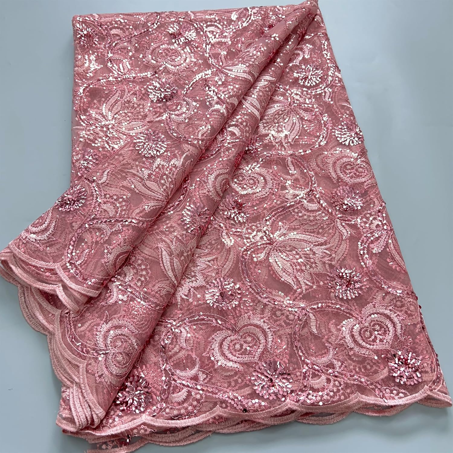 African Lace Fabric 5 Yards of Mesh Embroidered Fabric Sequins Fabric for Wedding/Party/Everyday Sewing (Pink)