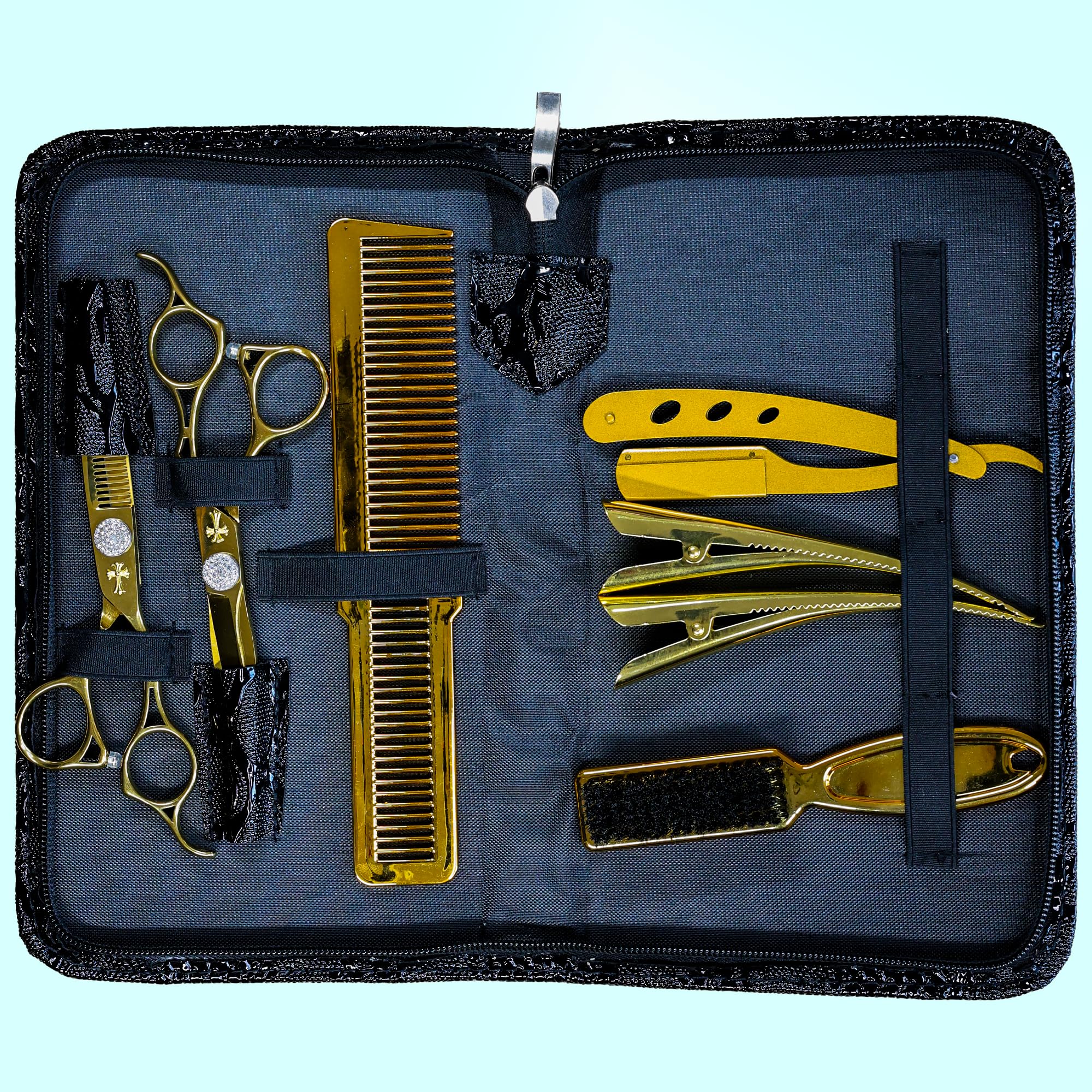 WR CASTLE Kit de coiffure Ciseaux de coiffure professionnels Pinces à cheveux Brosse à cheveux Peigne Rasoir Cape de coiffeur Étui en cuir