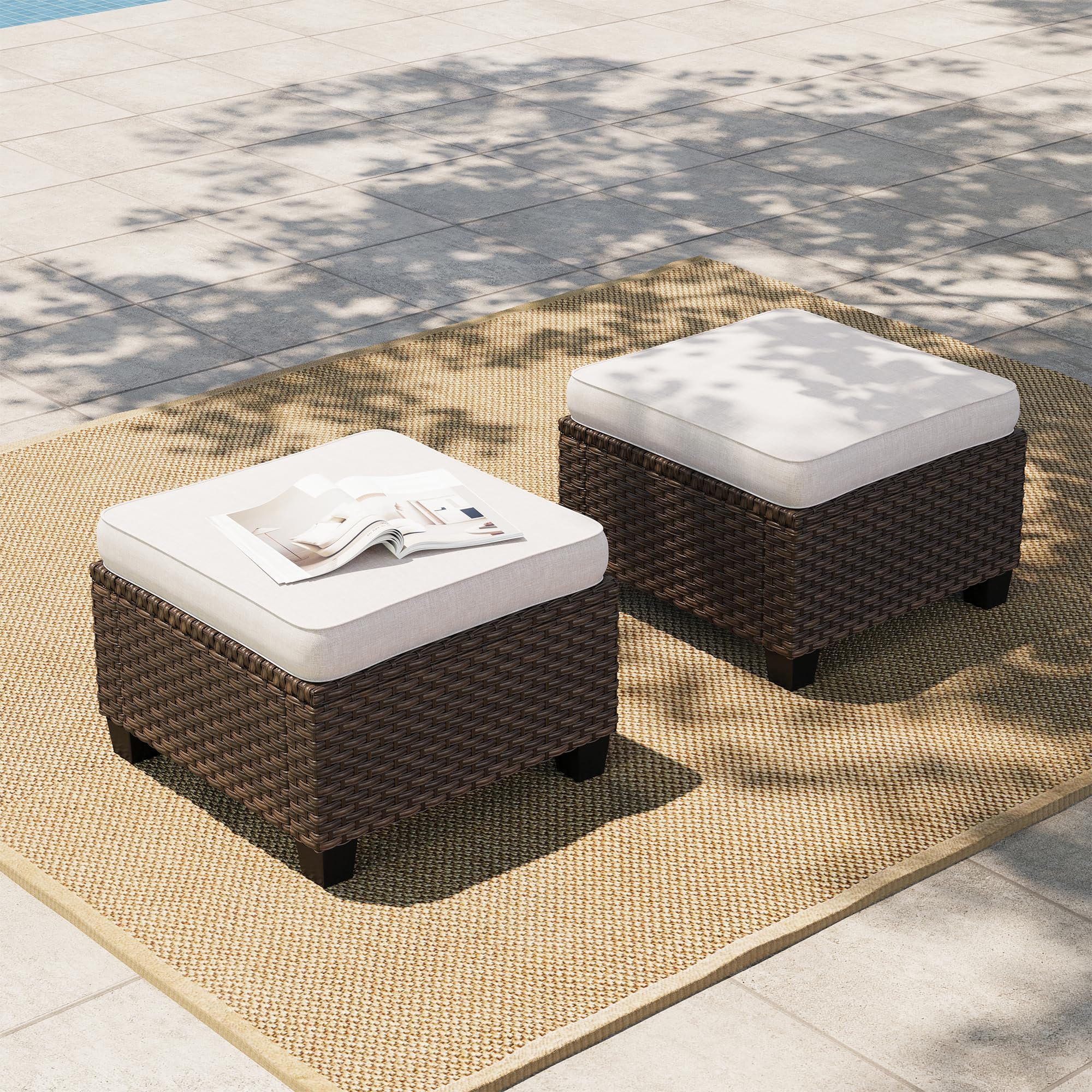 HERA'S HOUSE 2 Pieces Outdoor Patio Ottoman, Brown Rattan Wicker Ottomans, Outdoor Footstool Footrest Seat, Beige