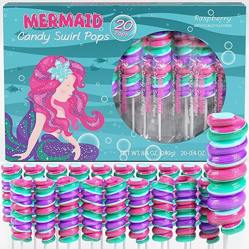 Paletas de sirena, 20 unidades, paletas de remolino, dulces de sirena para recuerdos de fiesta de sirenita y suministros de fiesta de sirena,