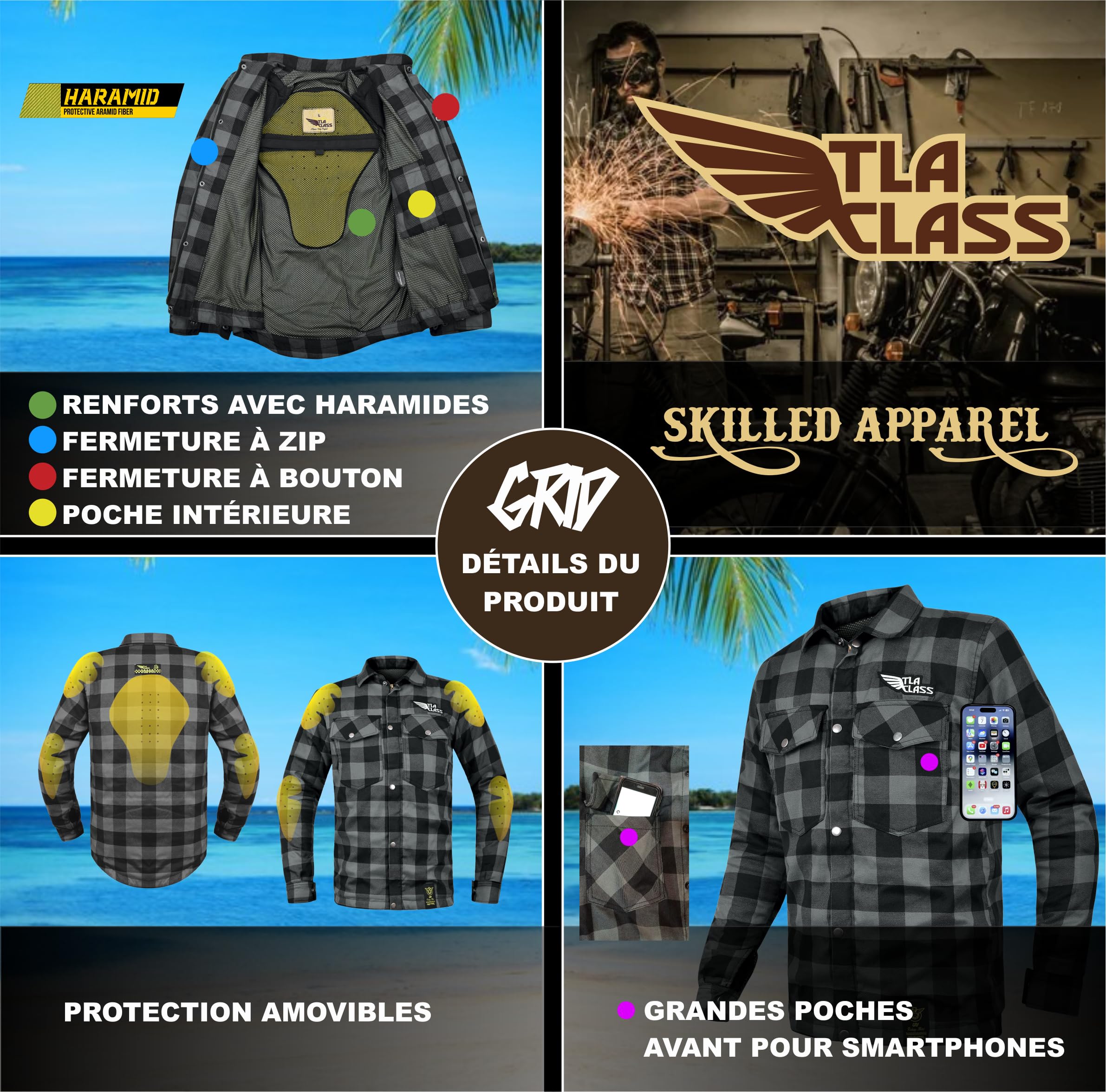 TLA Grid Camicia Moto con Protezioni, Giacca in Flanella a Quadri con Rinforzi in Aramide, Taglie sino 6XL Unisex Uomo e Donna, Giubbotto Moto e Scooter Vintage, Cafè Racer, Zip e Bottoni