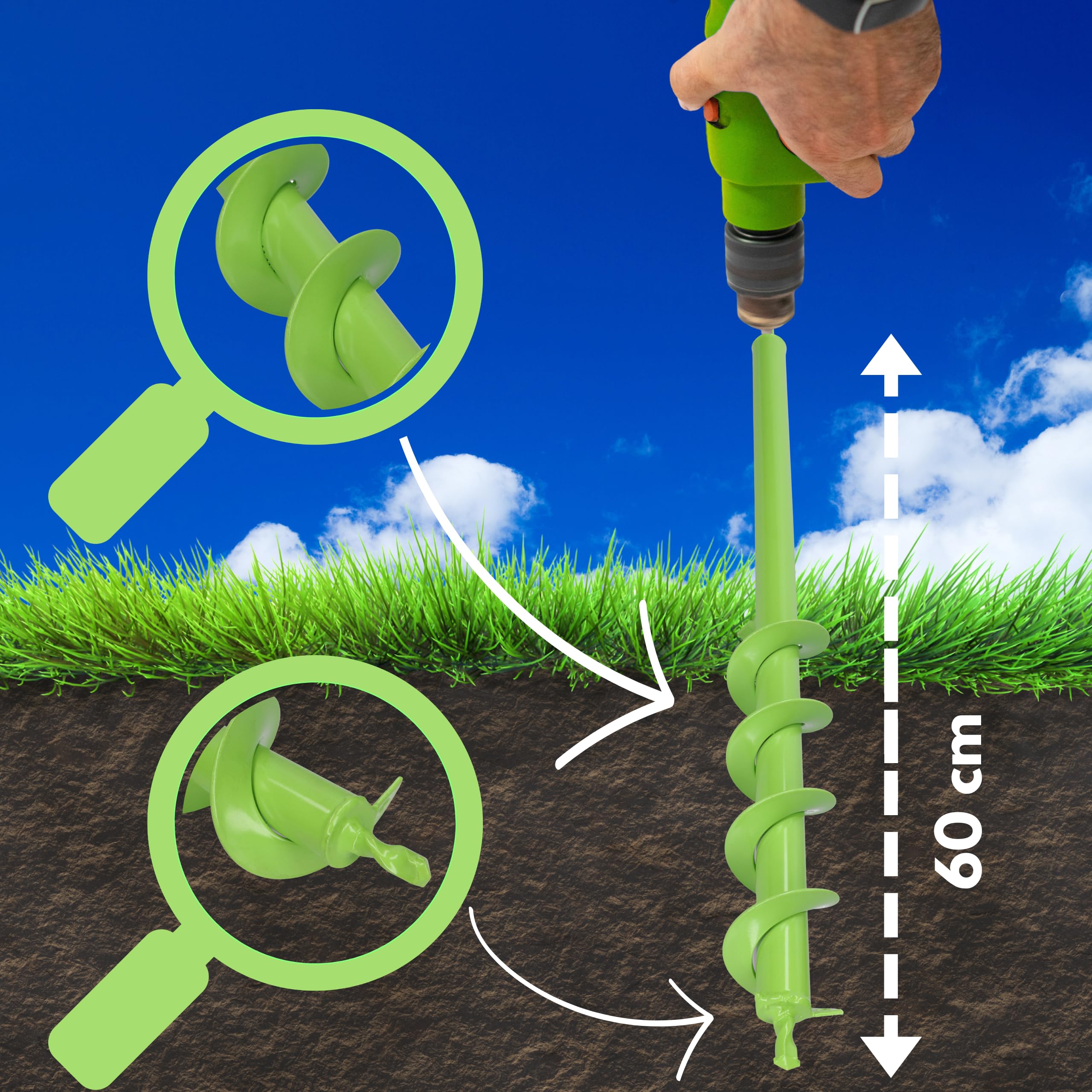 WERHE Barrena de tierra para taladro 60 mm Ø, 600 mm de largo - Barrena de jardín para atornillador inalámbrico para plantar, florecer y cavar hoyos - Herramienta de excavación para jardín