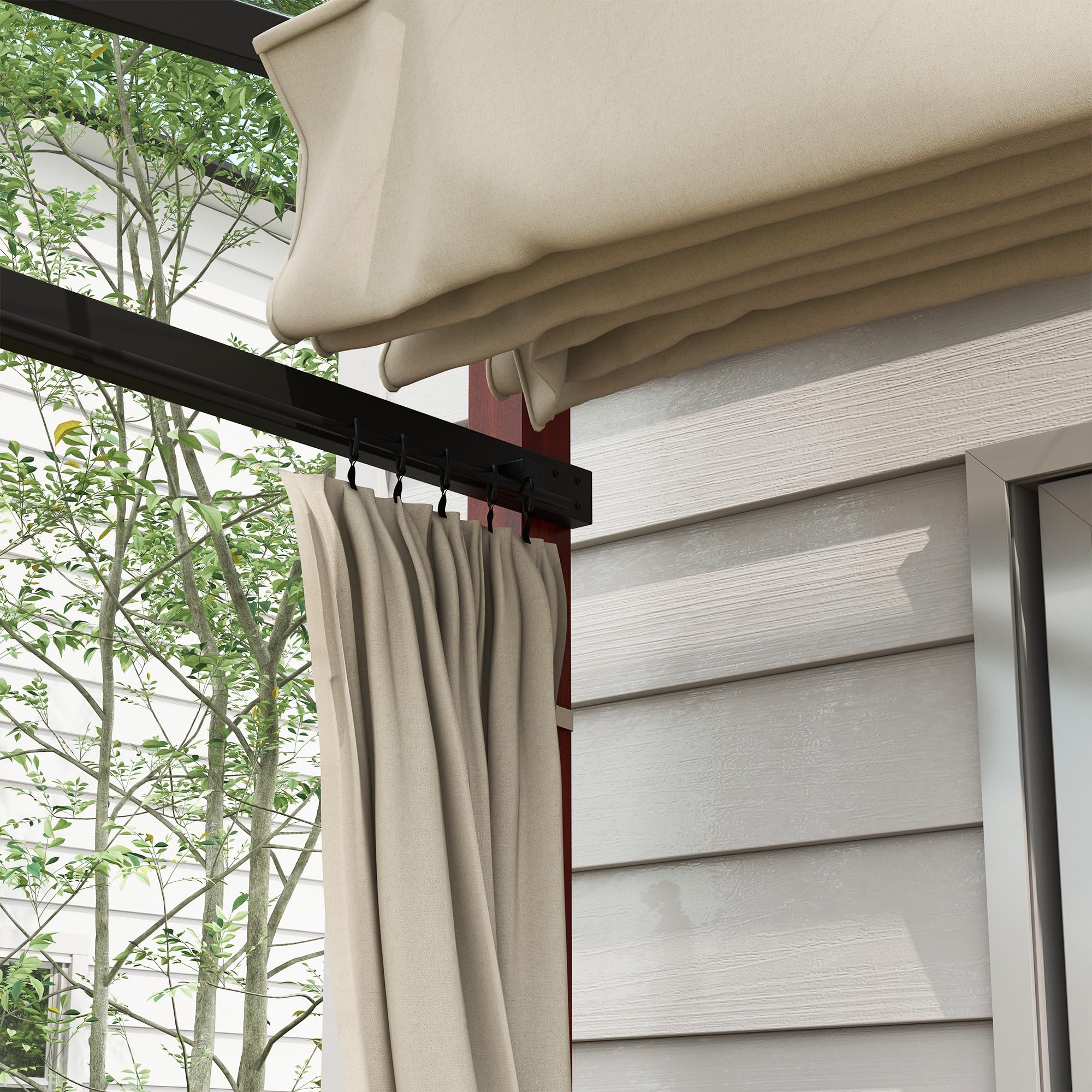 Pergola con Tende Laterali e Tetto Retrattile in PC in Alluminio e Metallo 345x300x215-255 cm Colore Crema