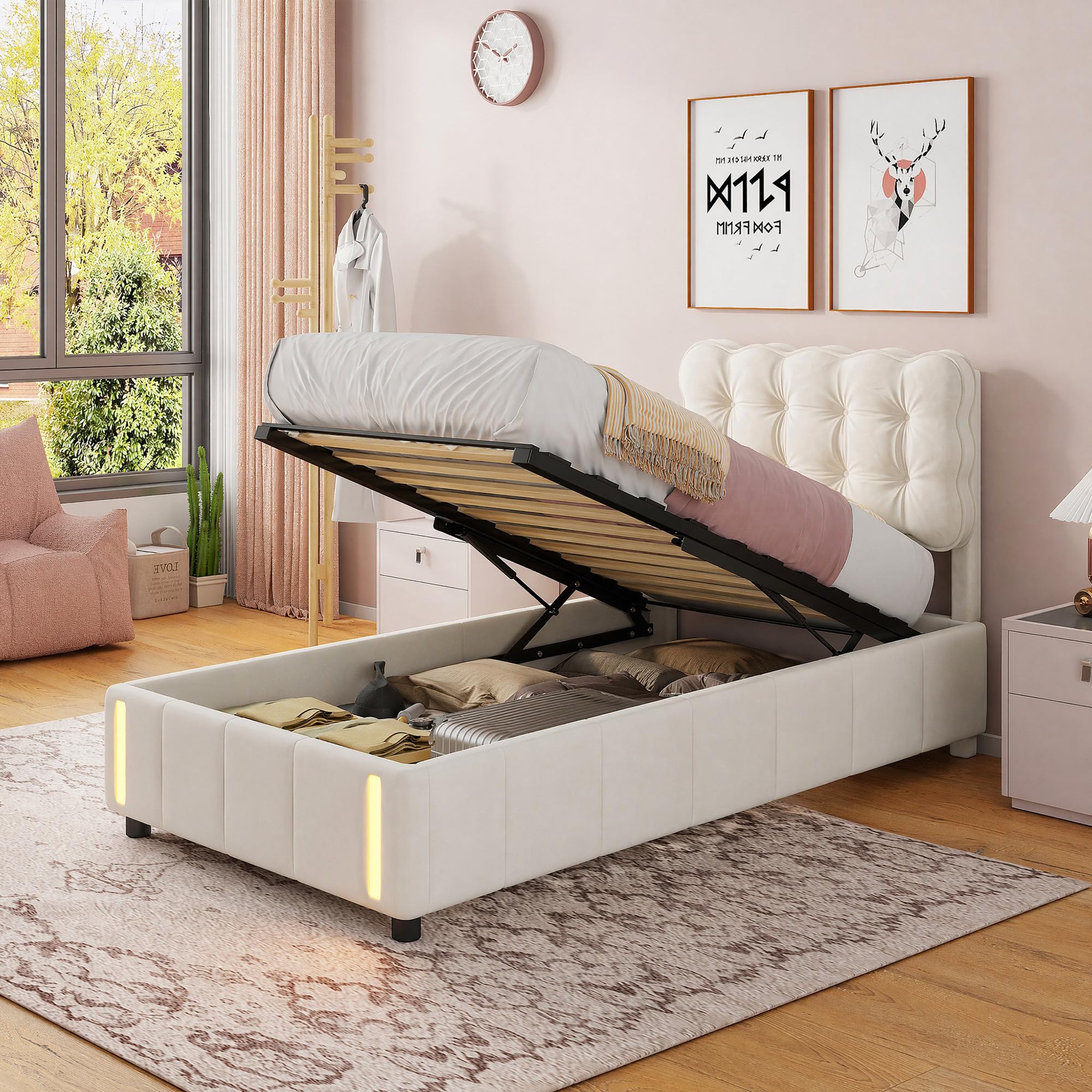 Veyrixan 3FT Single Ottoman Girl Bed with Induction LED Lighting