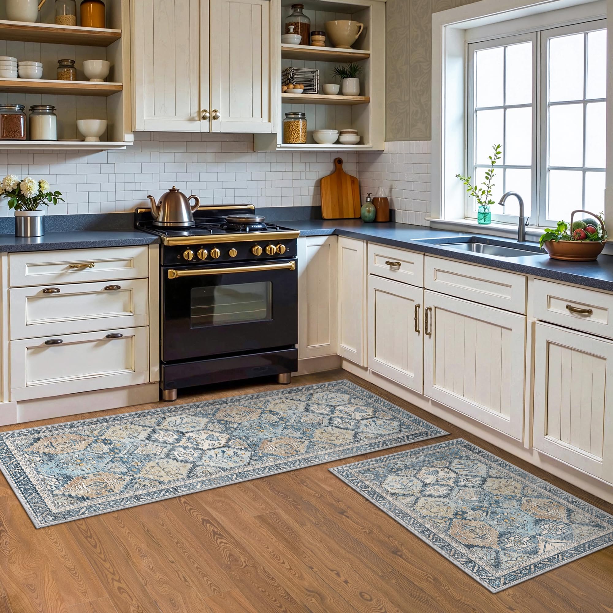 Mrcrypos Gold White Kitchen Rugs Cushioned Anti Fatigue 2 PCS Marble Kitchen Mats PVC Non Slip Waterproof Kitchen Mats For Floor Sink Laundry Office