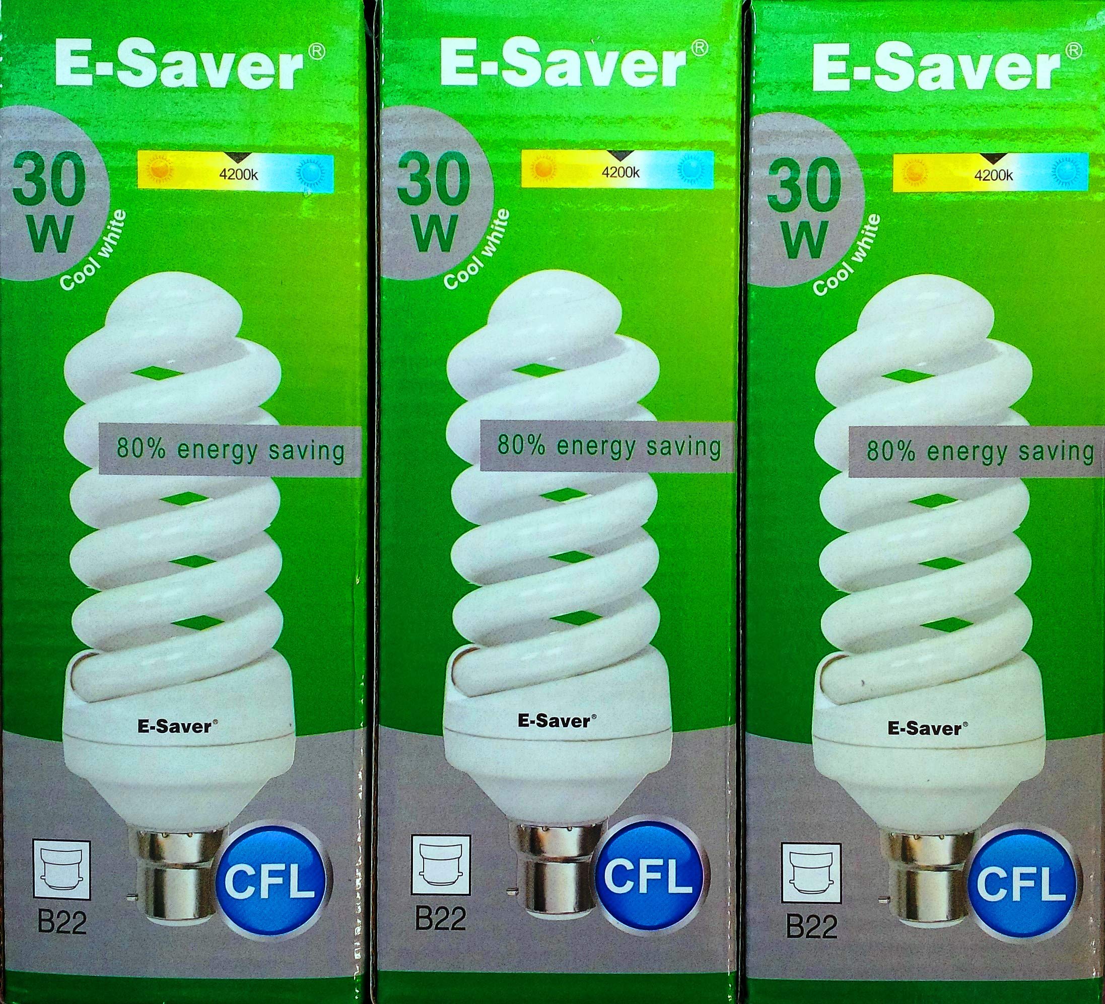 E-Saver Cool White - Cfl Full Spiral - Energy Saving Light Bulbs - 30W = 150 Watt - (Pack Of 3) - 4200K Light Bulbs - Bayonet Light Bulb (Bc- B22- B22d)