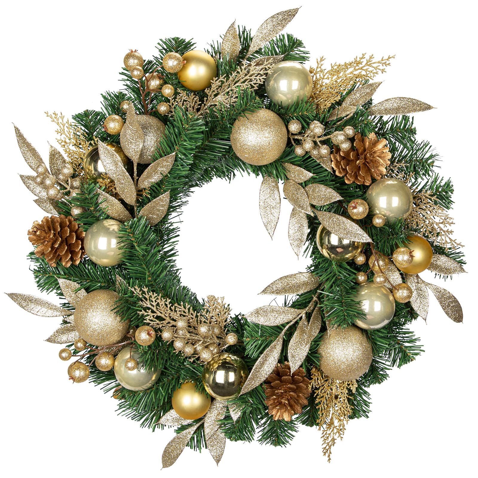 24 inch Christmas Door Wreath, Pine Wreaths for Front Door with Golden Ball Glittered Leaf Spray Stems Pinecones Berries for Fireplace Xmas Decorations, Wall Window Indoor Outdoor Decor