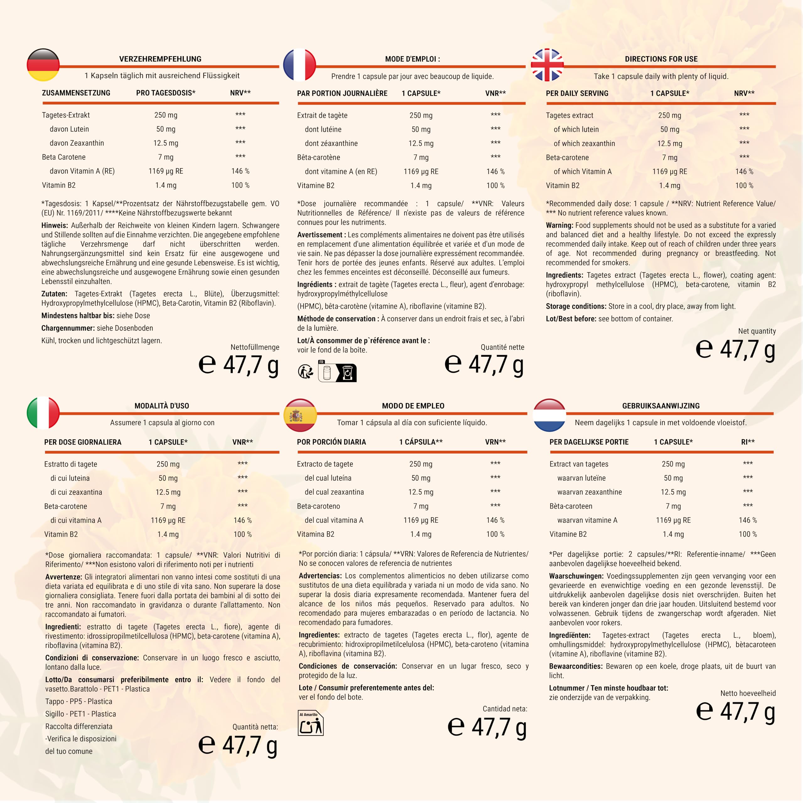 Lutein Zeaxanthin Kapseln, Augenvitamine hochdosiert - 50mg Lutein + 12,5mg Zeaxanthin - 4 Monatsvorrat Augen Kapseln - Mit Vitamin A & B2-1 Kapsel täglich - Vegan & natürlich