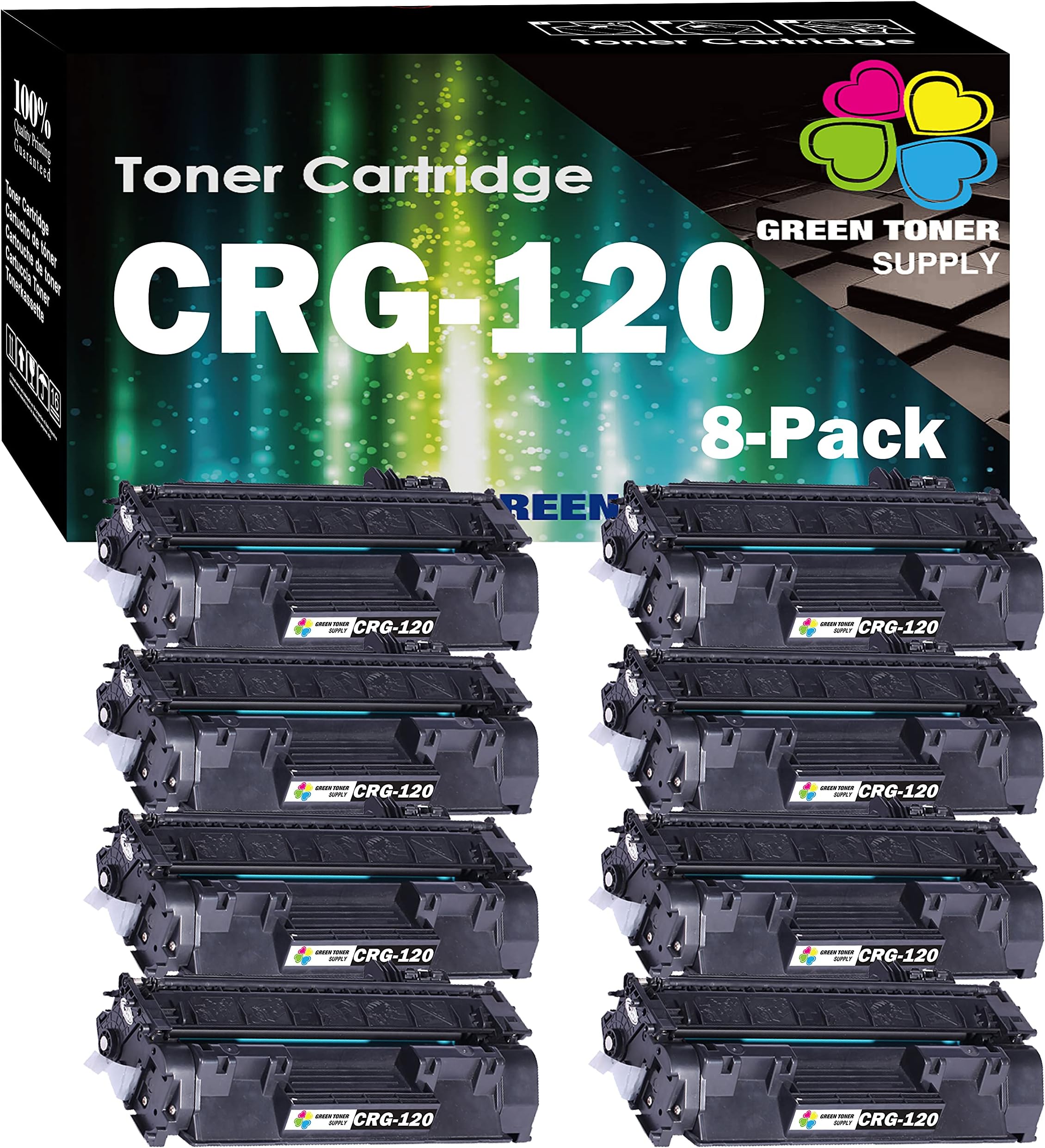 8xBlack Green Toner Supply Compatible with 120 Toner Cartridge CRG-120 8-Pack for Used in imageCLASS D1100 D1120 D1150 D1170 D1180 D1320 D1350 D1370 D1520 D1550 Printer