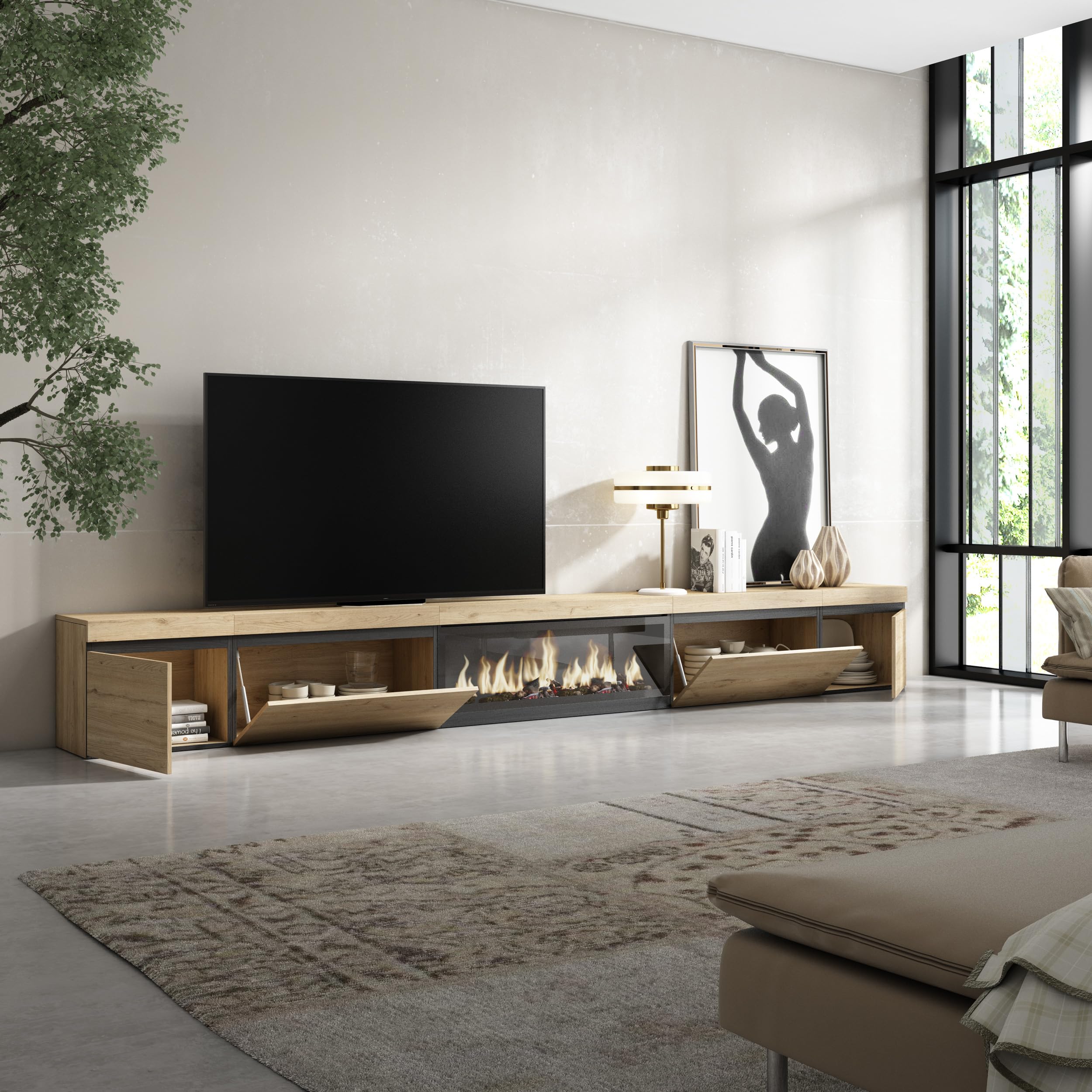 Skraut Home | Mobile TV Soggiorno | Ampio spazio a disposizione | 368x45x35 | Camino elettrico XXL | Stile moderno | Rovere