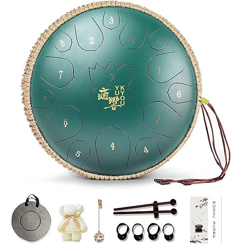 Steel Tongue Drum - YUKYOU 15 Notes 13 Inches - Percussion Instruments - Hand Pan Drum with Music Book, Drum Mallets and Carry Bag, D Major