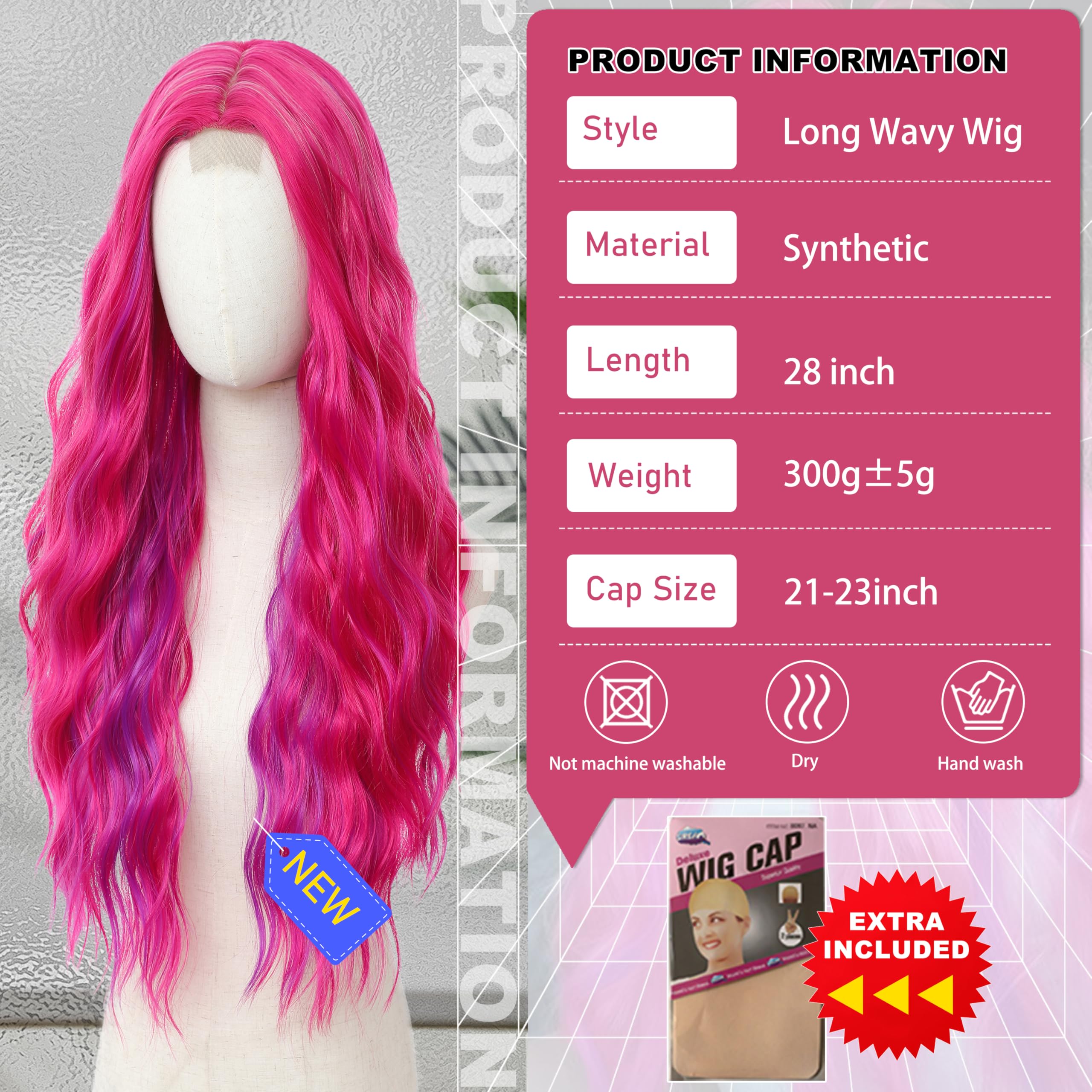 BUPPLER Cosplay Long Hot Pink mix Purple Wig 28 Inch Middle Part Synthetic Wig Realistic Gifts Party Wigs for Women Daily Use Colorful Wigs (Hot Pink mix Purple) - Image 2