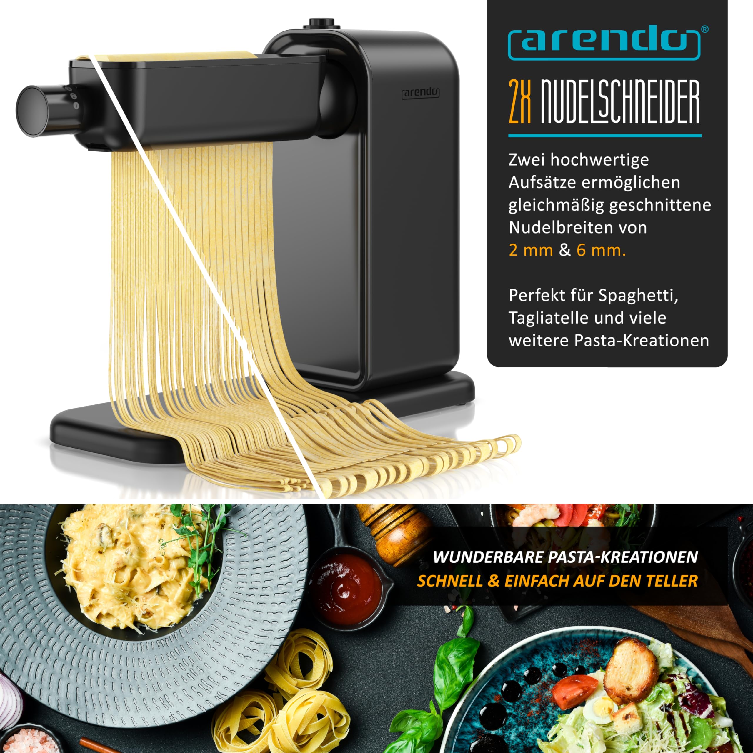 Arendo - Nudelmaschine elektrisch – Pasta Maker - 5 Stärken einstellbar – 120 Watt – Nudelwalze und 2x Pasta-Schneideinsätze 2 mm und 6 mm – Knetmaschine - schwarz matt