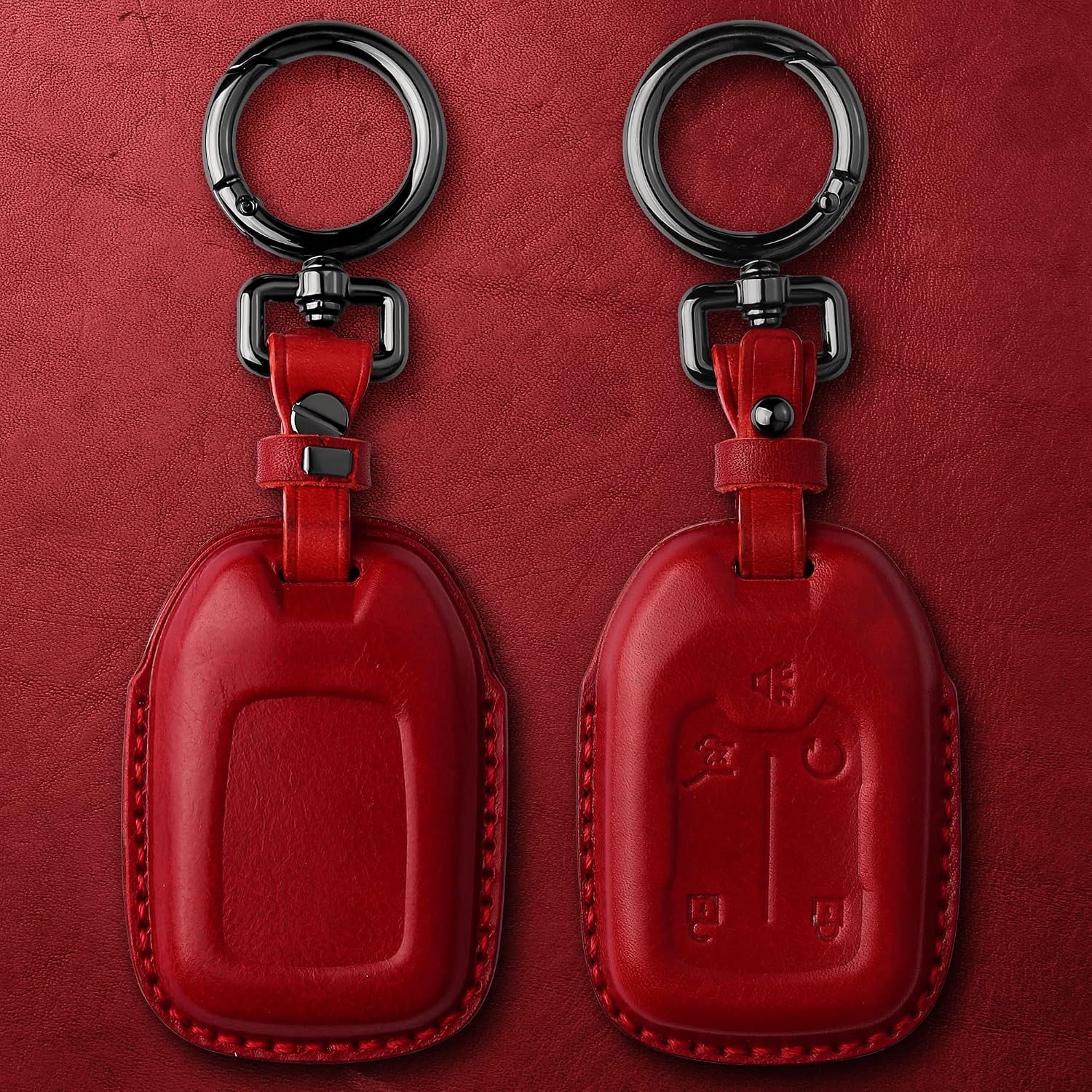 Tukellen Compatible with Chevrolet Leather Key Fob Cover with Keychain,fit 2019 2020 2021 Silverado GMC Sierra Smart Remote Key Shell, Genuine Leather for Chevy Key case(5 Buttons)-Red image 3