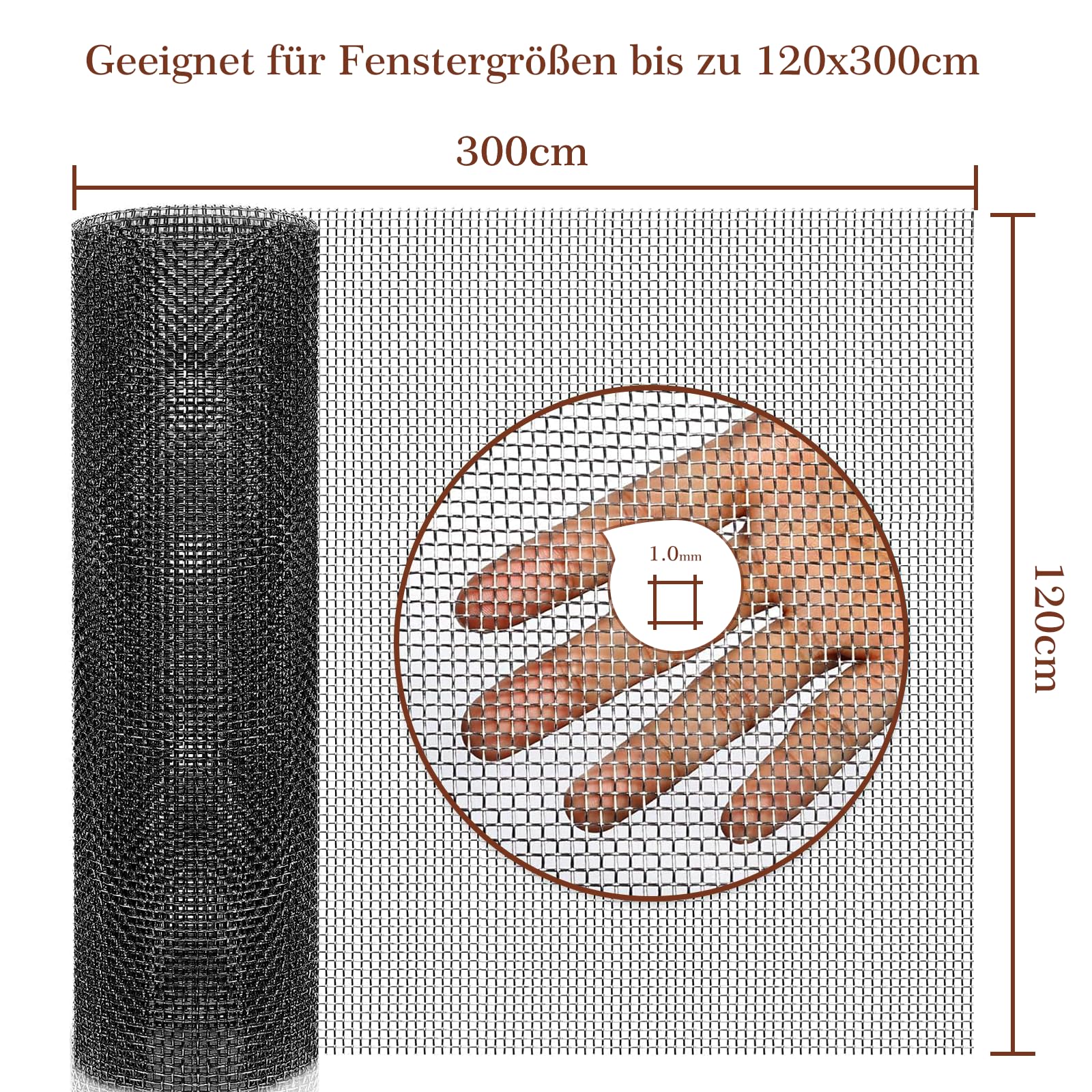 Yotache Drahtgitter Feinmaschig – 120x300 cm – 1,0/0,16 mm (Mw./Dr.)–schw. | 304 Edelstahl Fliegengitter Metall Meterware – Schutz vor Mäusen, Mücken & Fliegen – Rostfrei & Zuschneidbar