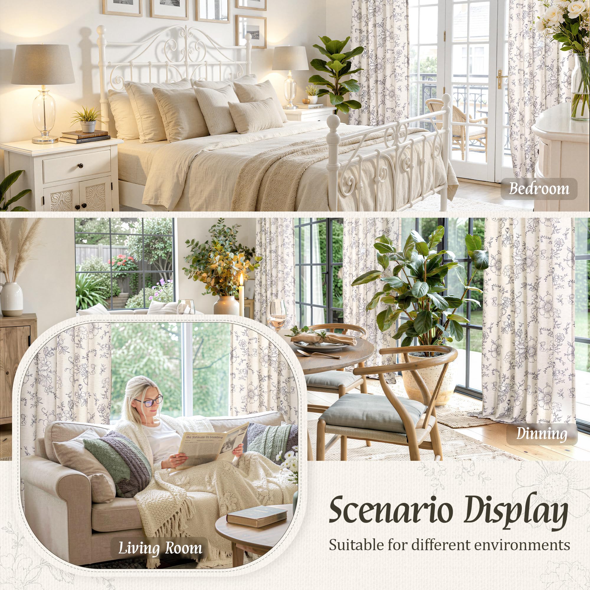 Vintage Floral Linen Curtains - 84 Inch Panels -8