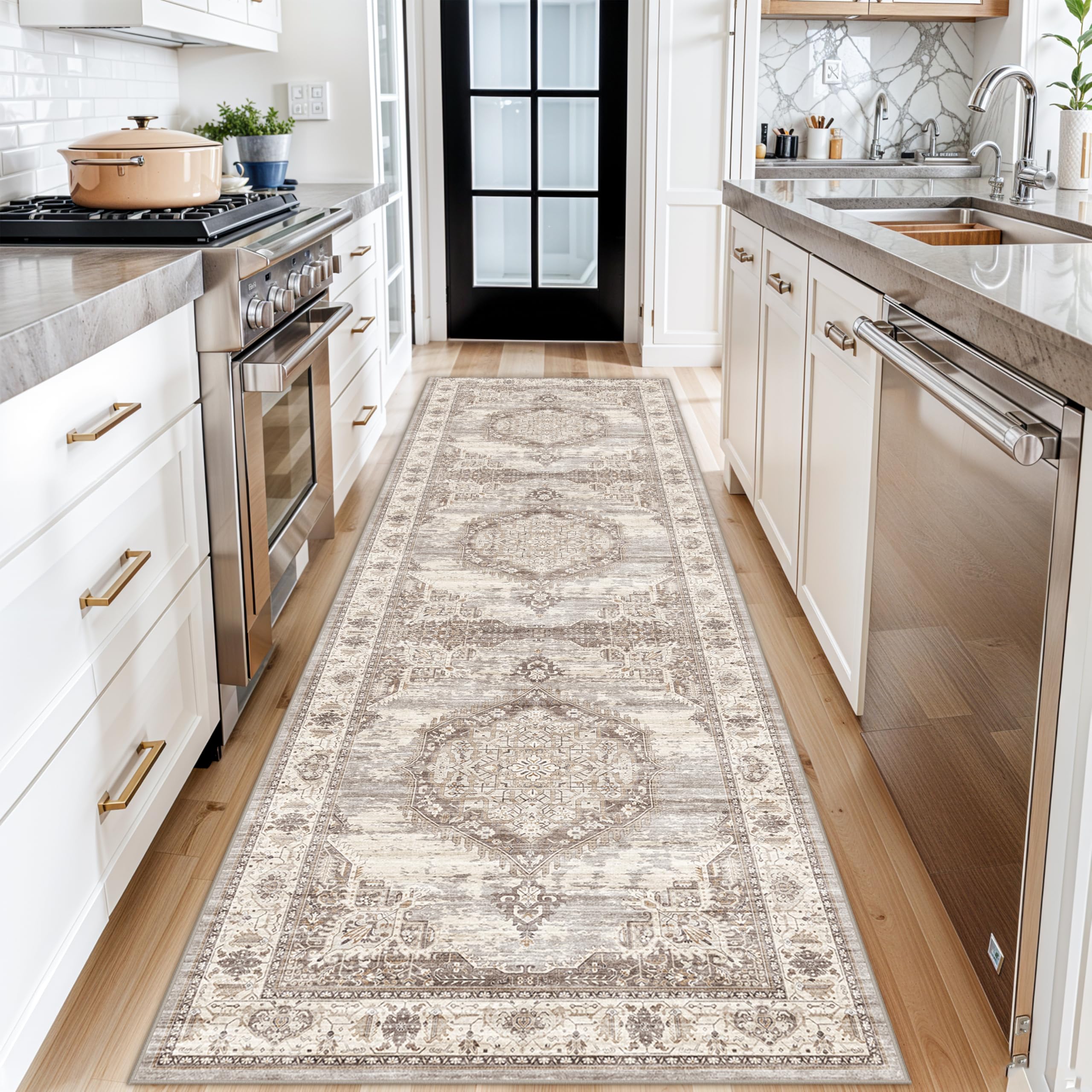 Washable 3x10 Long Hallway Runners, Vingtage Ultra Soft Carpet for Bedroom Living Room Non Shedding Accent Rug for Kitchen Farmhouse Non-Slip Floor Mat for Dining Room Bathroom (Beige,3x10)OEKO-TEX STANDARD 100