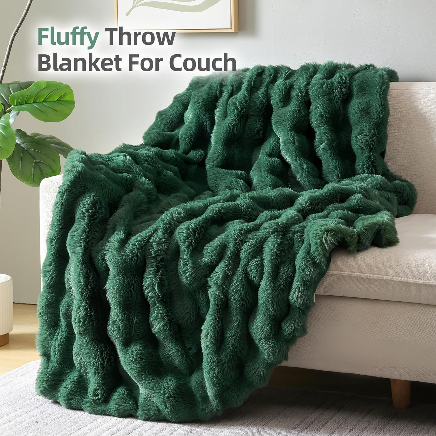 Smoofy Faux Fur Throw Blanket for Couch – Dark Green Fluffy Cozy Rabbit Fleece, Plush Soft Bubble Blanket for Sofa & Bed, for Mom, Warm Fuzzy Home Room Decor Throw 50" x 60" - Image 3