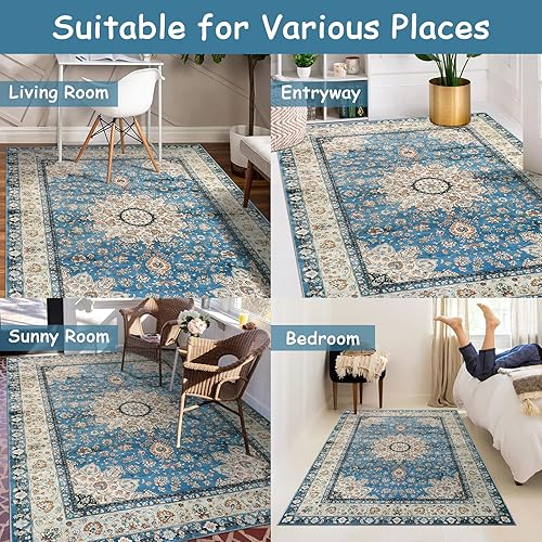 Miniatura 3 de Lahome Alfombra oriental con medallón floral  Alfombra grande de 5 x 7 pies, color azul, envejecida, antideslizante, lavable a máquina, alfombra de