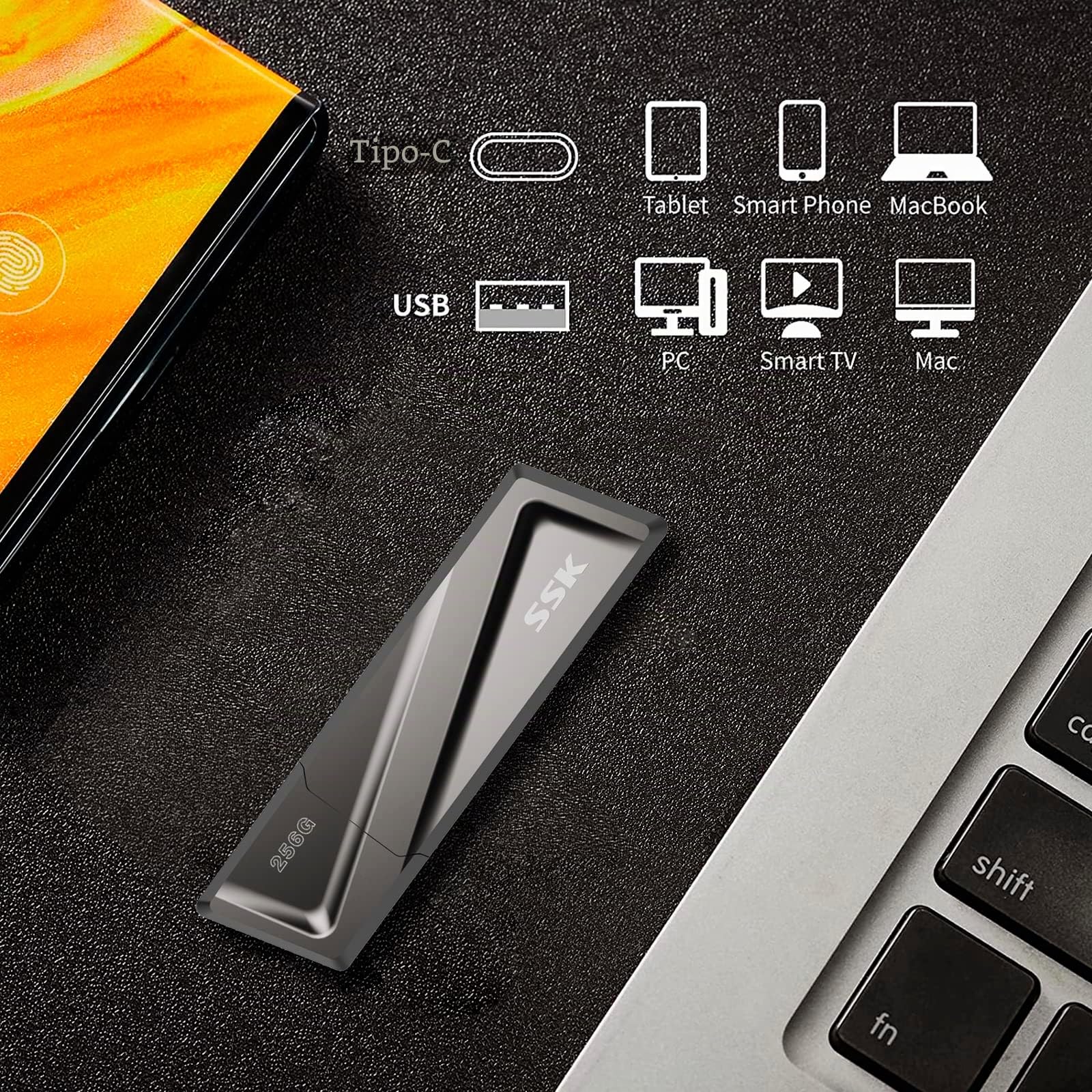 SSK SSD USB 3.2 Gen2 da 256 GB, lettura fino a 550 MB/s e scrittura da 500 MB/s SSD esterno portatile Unità USB veloce + adattatore USB C per smartphone, laptop, tablet e altro di tipo C