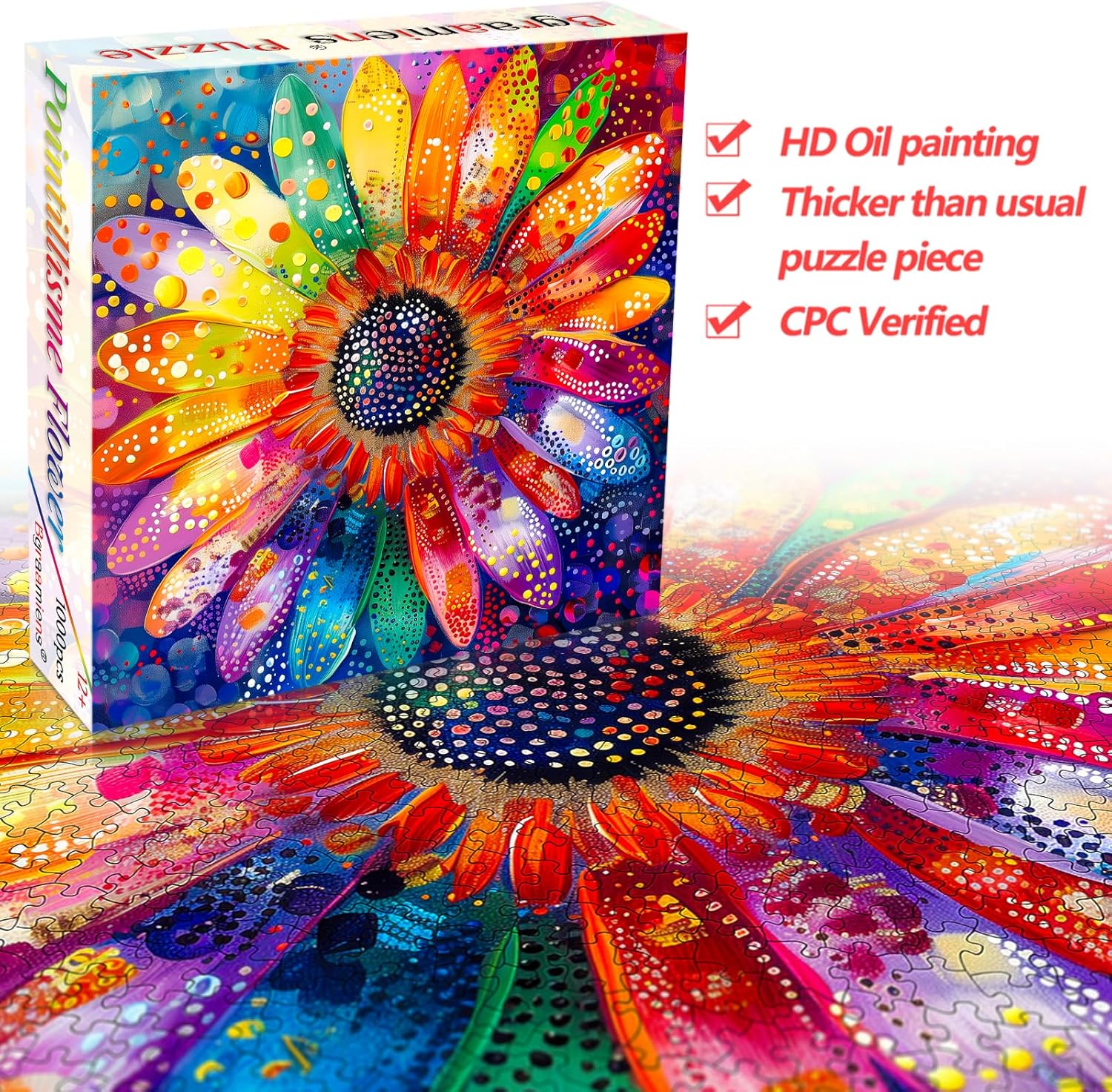 Bgraamiens Puzzle-Colorful Rainbow Pointillisme Gerbera Flower Jigsaw Puzzle 1000 Pieces Puzzles for Adults,Flower Artwork for Adults,Color Challenging Puzzle