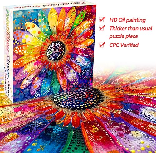 Miniatura 2 de Bgraamiens Rompecabezas colorido arco iris Pointillisme Gerber Flower rompecabezas de 1000 piezas para adultos, ilustraciones de flores para