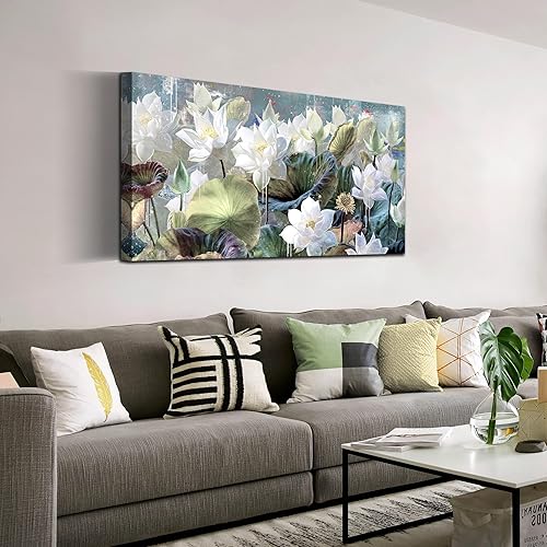 Miniatura 3 de CANEITO Arte de pared de flor de loto para sala de estar, lienzo floral blanco para decoración de pared para dormitorio, pinturas de acuarela