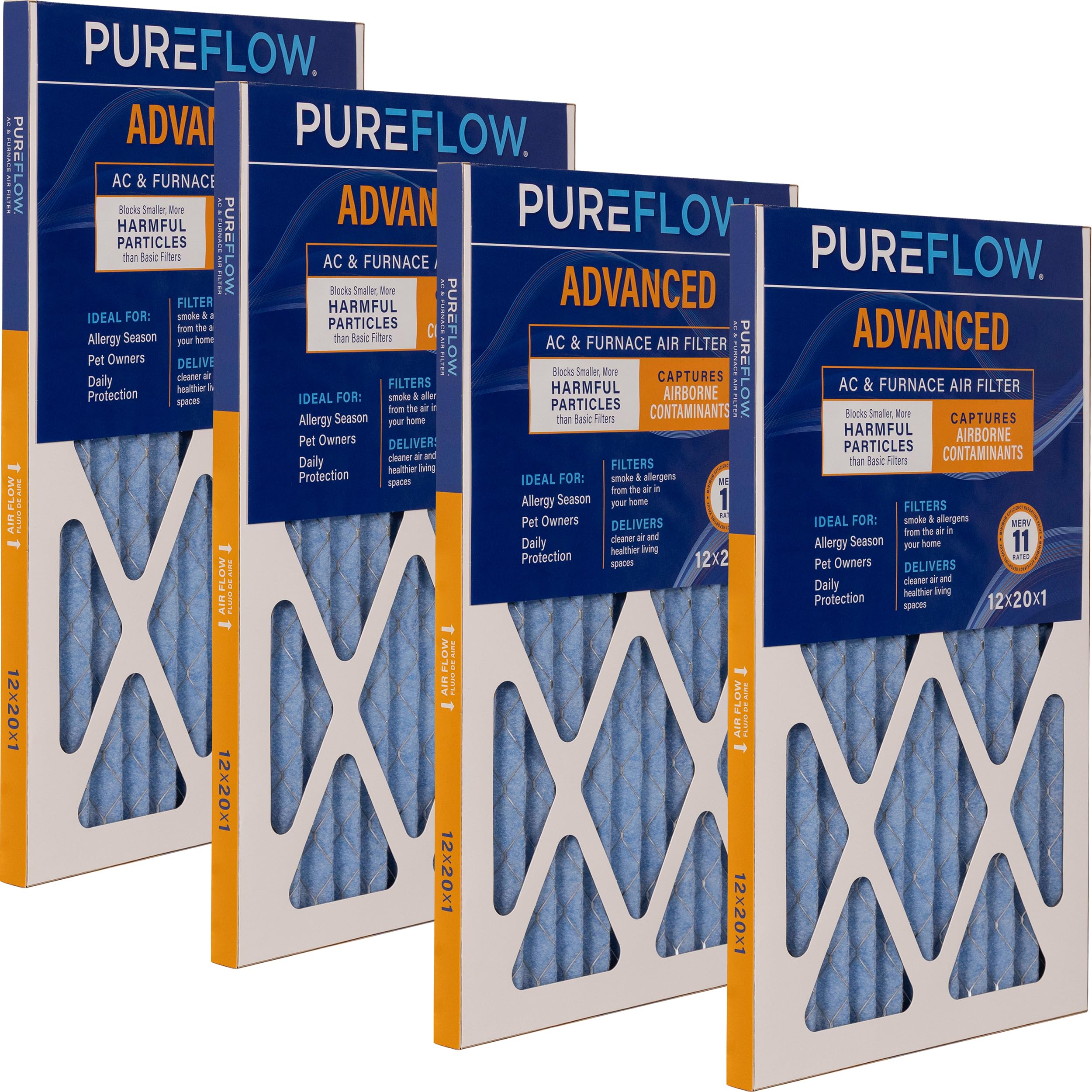 PUREFLOW Home Air Filter MERV 11, 12x20x1 Furnace Filter, 4 Layer High Efficiency Filtration for Dust, Smoke, Fumes, Pollutants (4-Pack)
