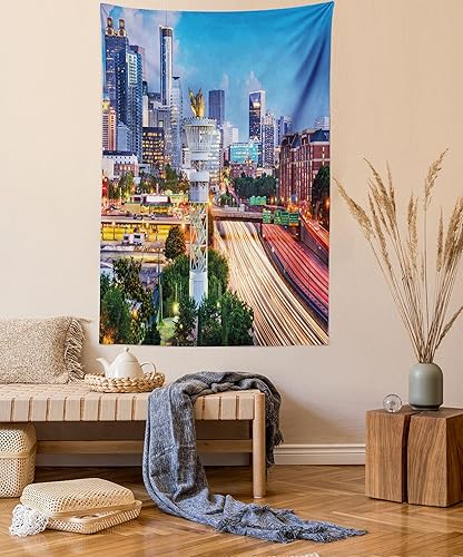 Miniatura 53 de Ambesonne Tapiz de fantasía, paisaje de fantasía con reloj, rayos de cielo de ensueño desde el techo, arte ficticio, colgante de pared ancho para