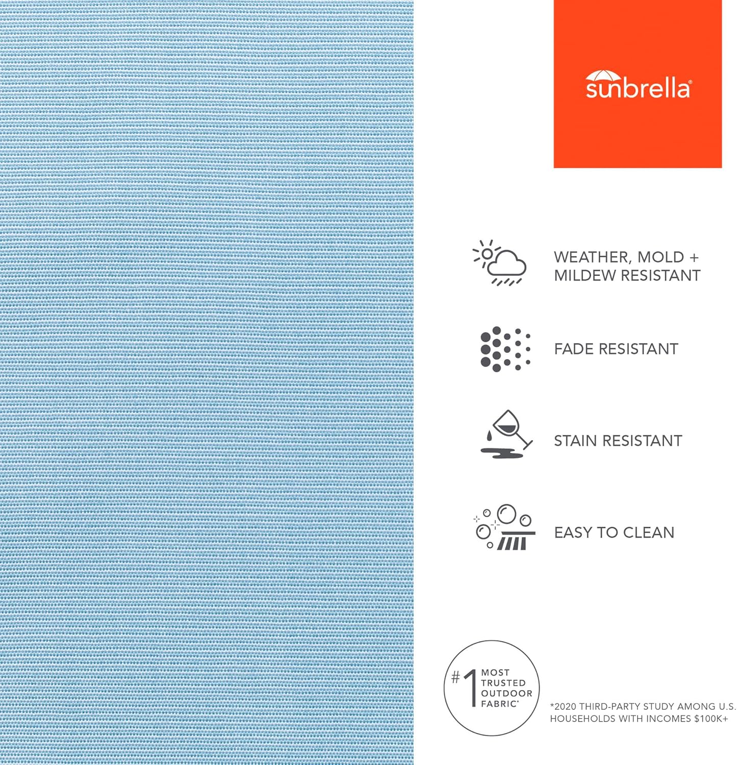 Sunbrella fabric features: weather, mold, mildew, fade, stain resistant, easy to clean.