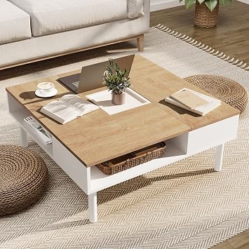 WAMPAT W02K2088N Low Table, Center Table, Square, Wooden, Coffee Table, Sitting Table, Compact Storage, Includes Hidden Storage Space, Living Room Table, Width 31.5 x Depth 31.5 x Height 13.0 inches 80 x 80 x 33 cm, White Oak