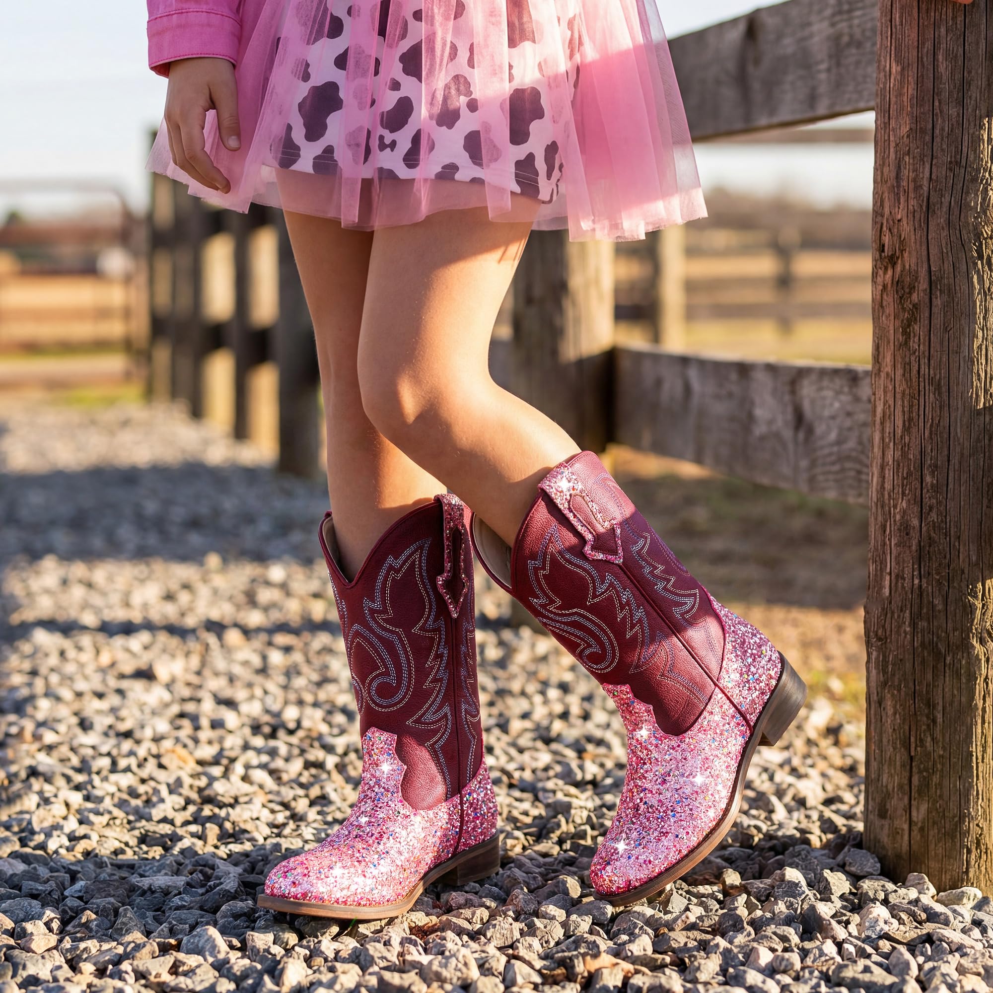 Motasha Botas vaqueras unisex para niñas de media pantorrilla con purpurina para niños pequeños y grandes zapatos de equitación occidentales