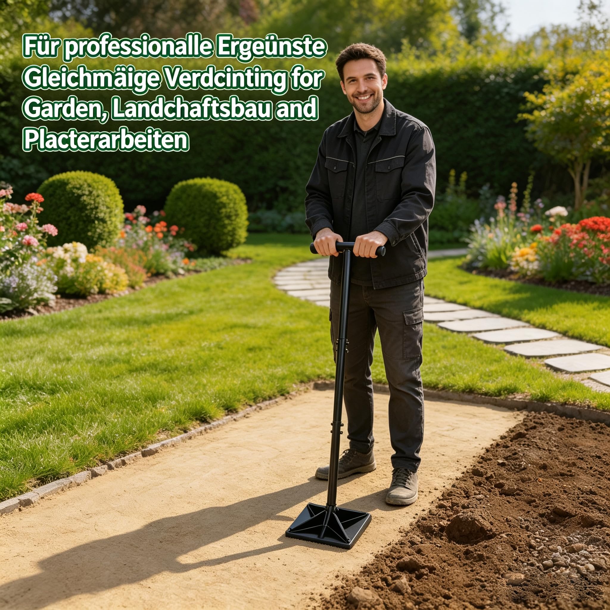 Handstampfer mit 120cm Griff, 25x25cm Stampfer Bodenverdichter mit T-Griff zum Verdichten und Handschuhe, Manuelle Rüttelplatte für Gartenarbeit Bodenmontage