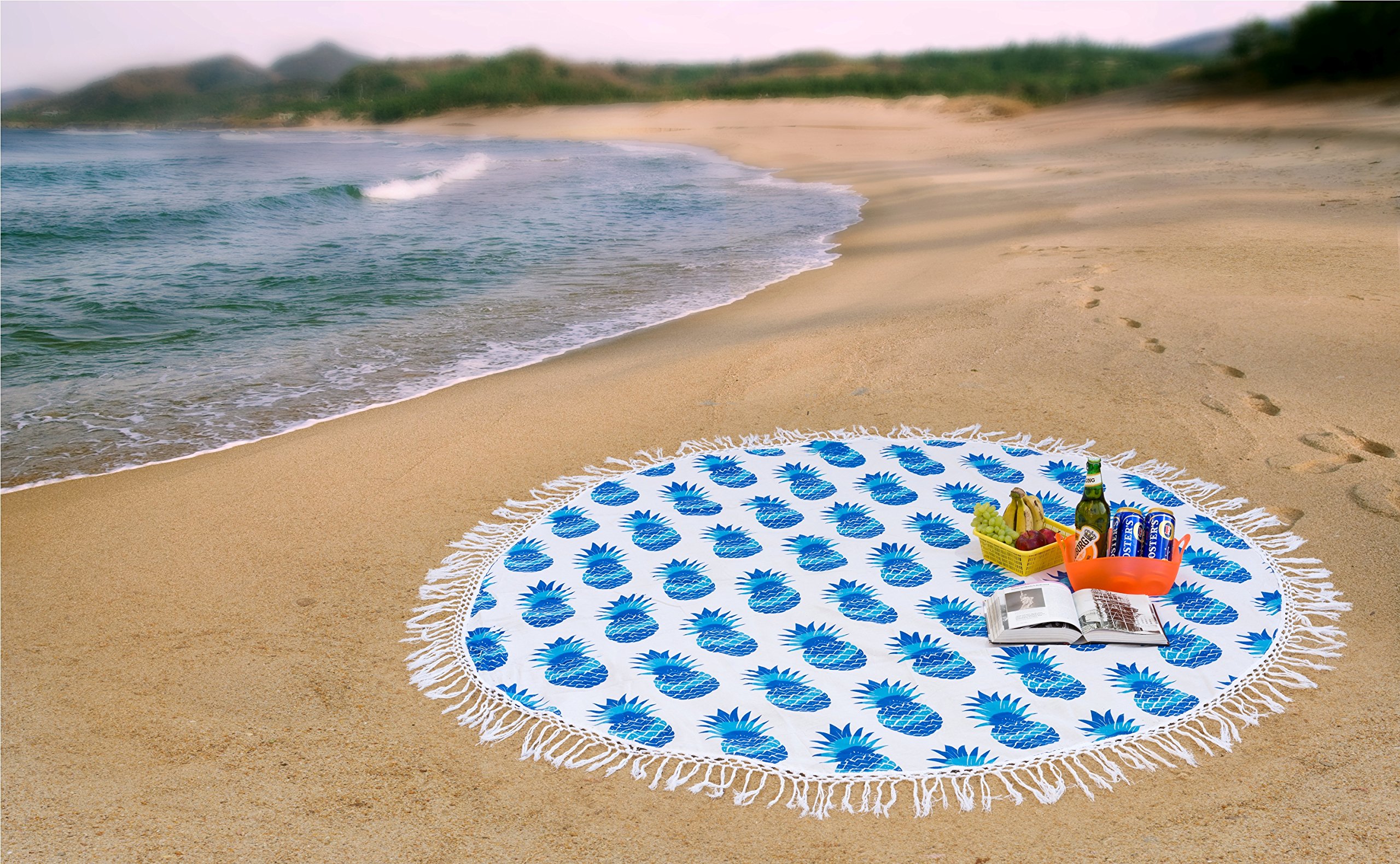 Handicraft-Palace Blue Pineapple Printed Picnic Mat Round Tapestry Round Beach Throw Roundie 72" Round Wall Hanging
