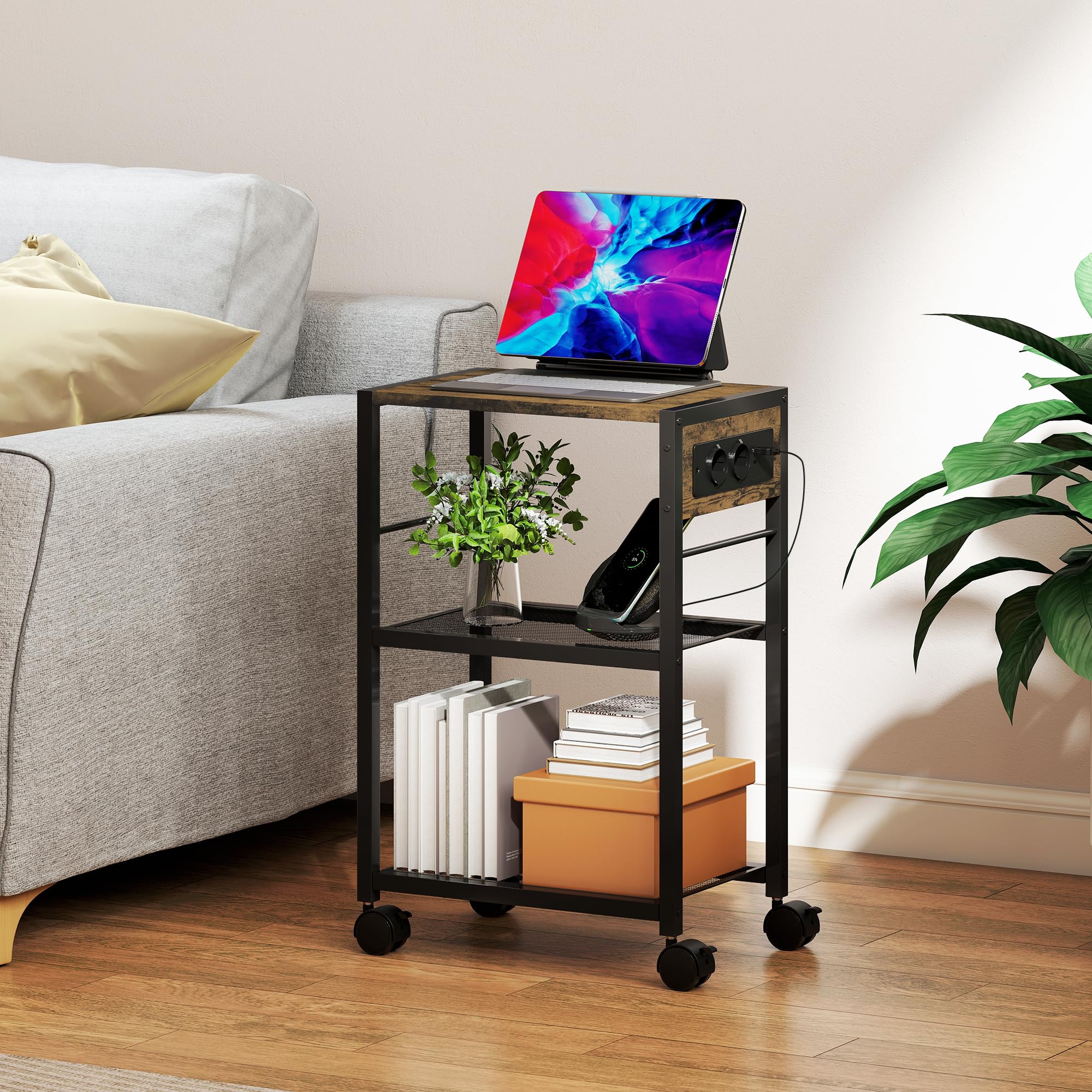 HOMCOM Druckerständer mit 3 Ebenen Rollen 42 x 28 x 64,5 cm Rustikalbraun | Steckdosen, Schreibtisch Organizer für Drucker, aus Stahl, Druckertisch, Druckerhalter, Druckerwagen, Büro Office Fax Scanner