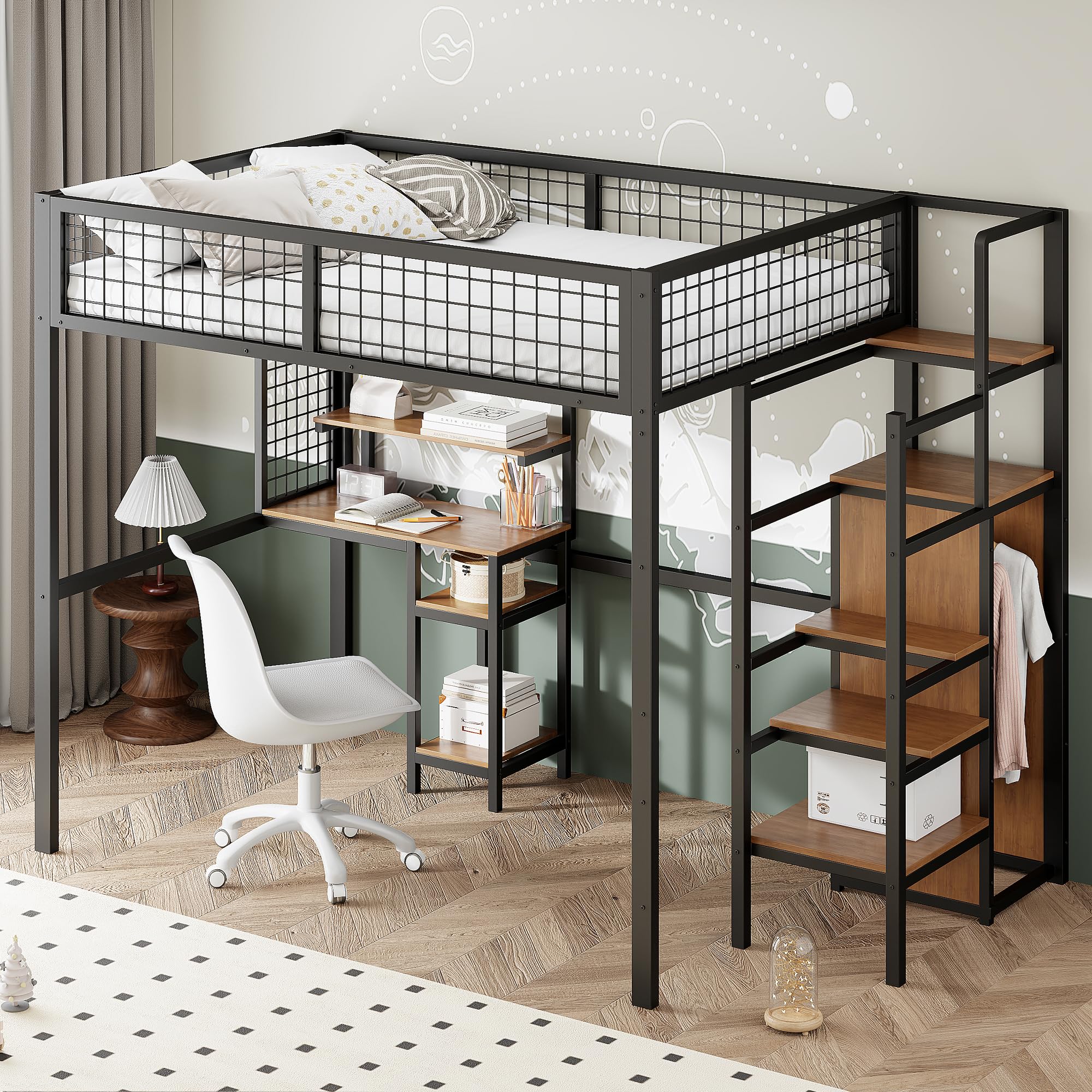 Arhatreya Hoogslaper 140x200 cm, metalen bed met ladder, kinderbed met ijzeren frame en opbergplank, kledingkast wit (zonder matras
