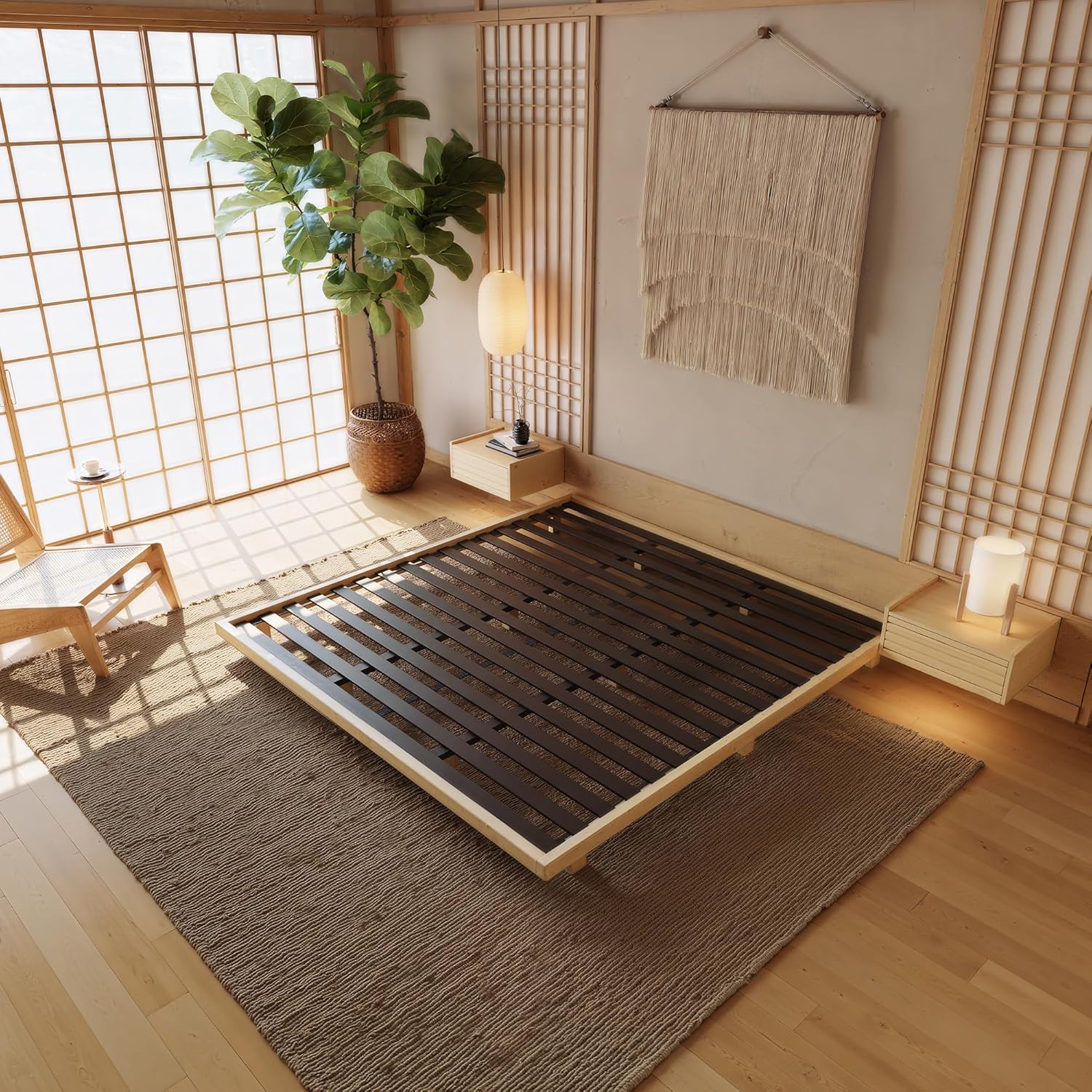homary Japanese Style Bed Frame, 5.9" Low Profile Tatami Platform Bed Frame with Carbon Steel Slats & Wood-Finished Metal Floor Frame, No Box Spring Needed, Fits King Mattress