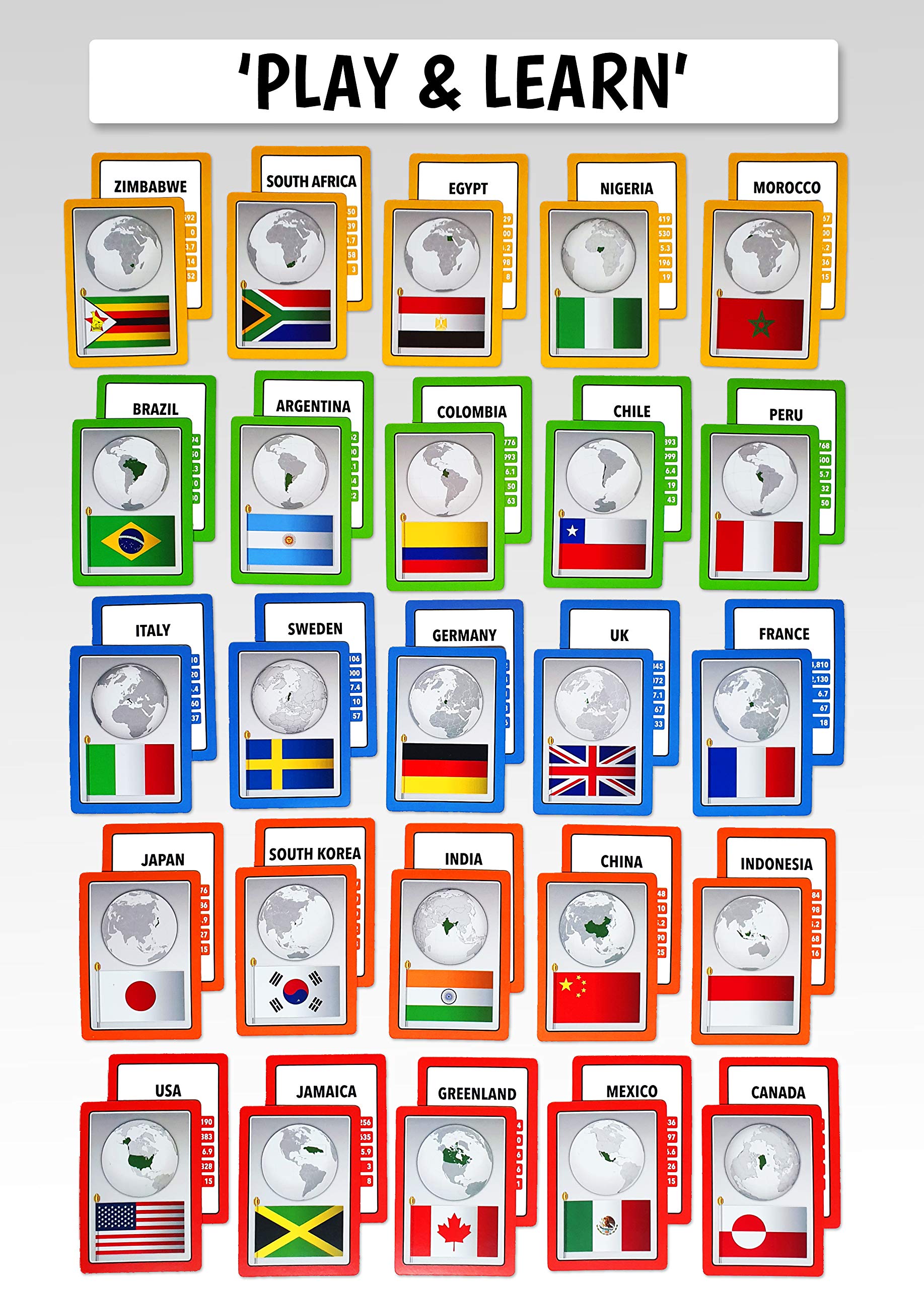 SMART CARDS Drapeaux de pays et continents – Cartes d'apprentissage et à jouer, jouer à 7 jeux classiques, Trumps, Rummy, Quiz de paires, Guess Who, Happy Families et plus encore