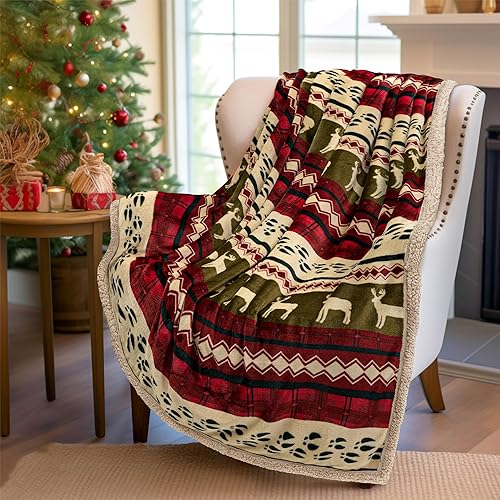 PAVILIA - Manta de vellón sherpa de Navidad tamaño individual de felpa con decoración Navidad renos cómoda reversible para cabaña de invierno sofá