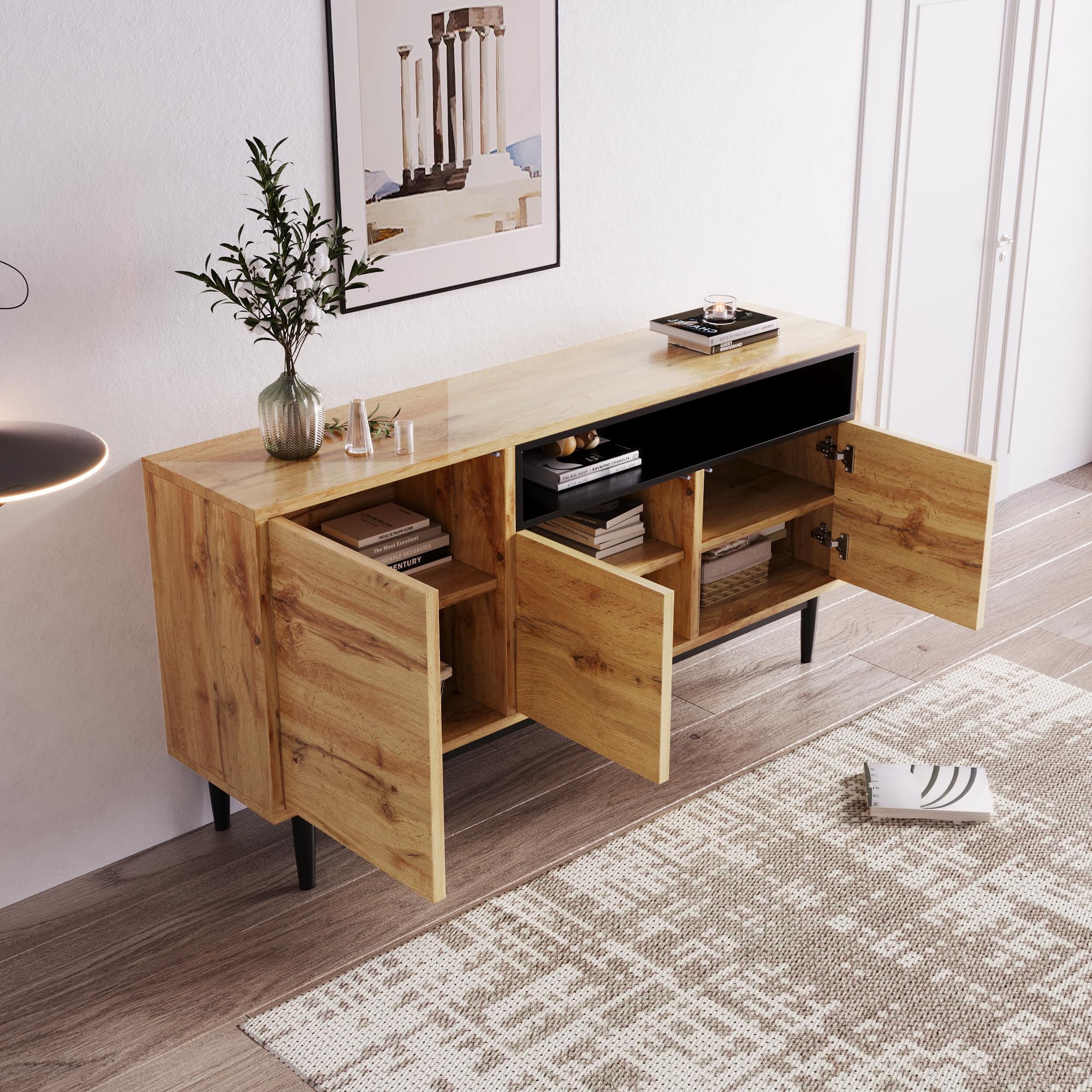 Casa & Arredamento - Aparador moderno de madera con tres puertas y estantes, montaje fácil, diseño que ahorra espacio, robusto y fiable, 160 x 35 x 76 cm