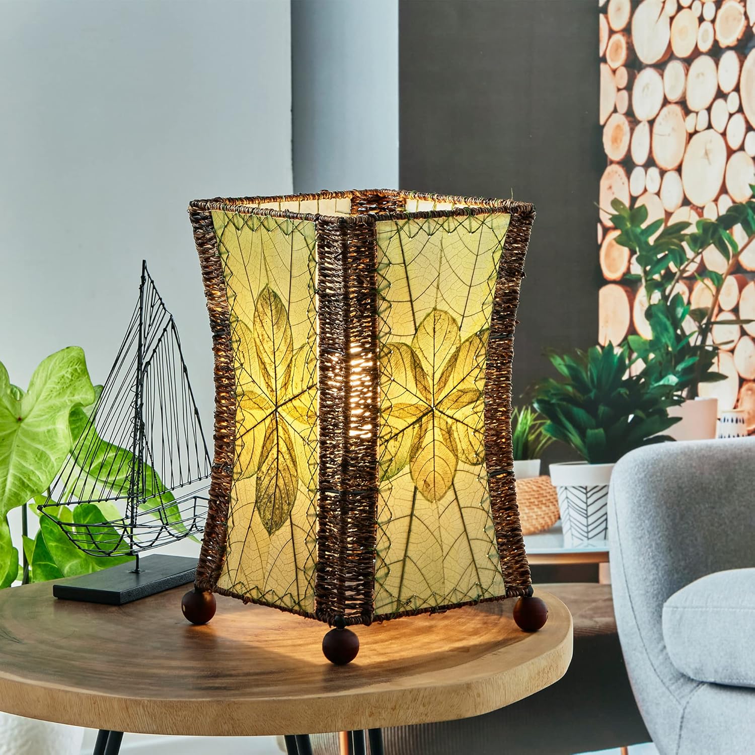 Eangee Home Design Hourglass Table Lamp Green Shade Made of Real Jackfruit Leaves 10 Inches Length x 10 Inches Width x 15 Inches Height (553 t g)