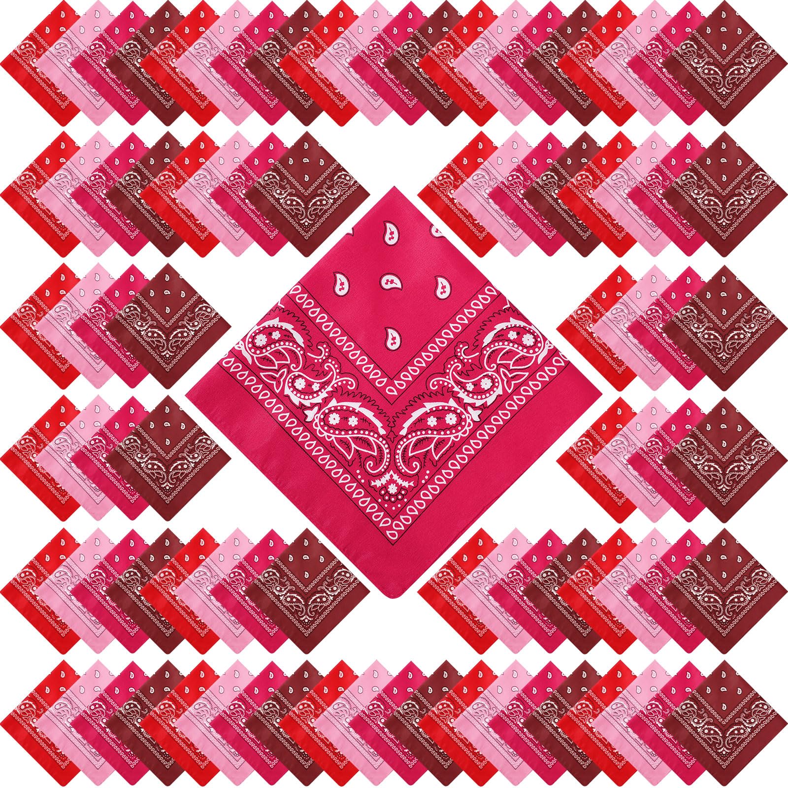 Paquete de 100 bandanas unisex de cachemira a granel, multiusos, para la cabeza, corbata para la cara, suministros para fiestas, 21.25 pulgadas, Serie Roja., 54 x 54 cm/ 21.26 x 21.26 inches