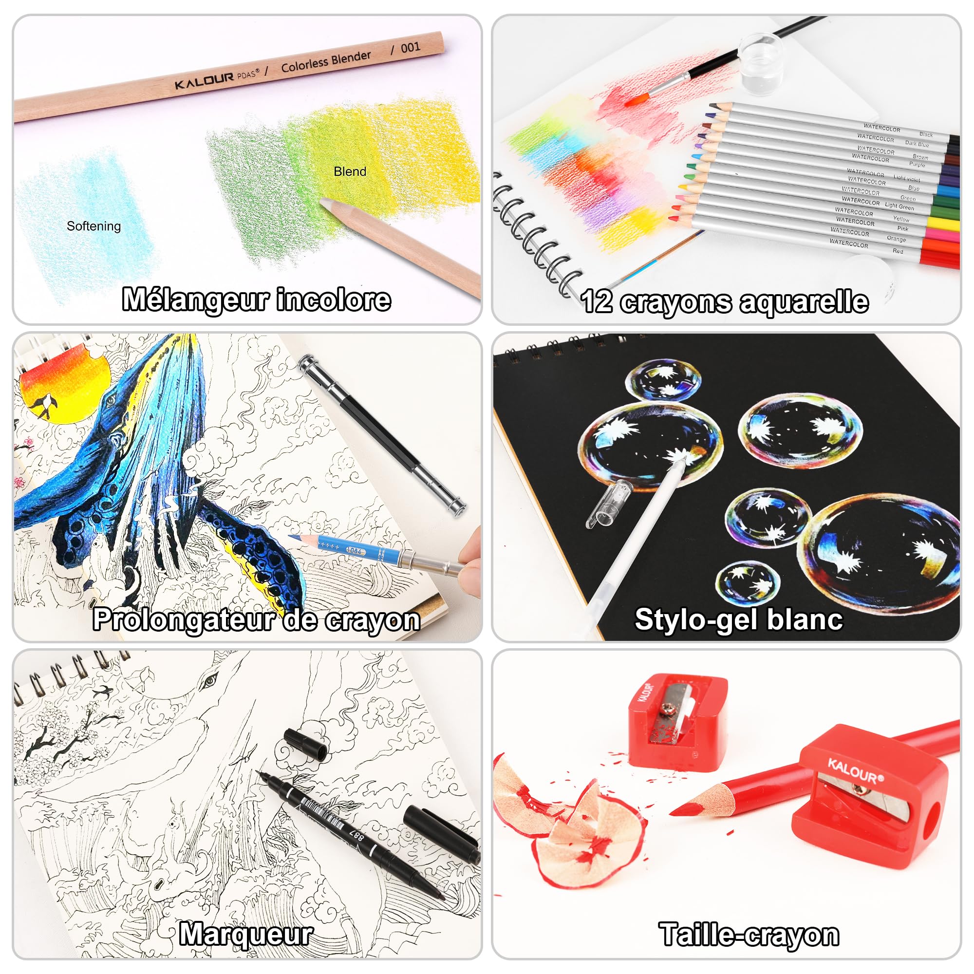 KALOUR PDAS Lot de 200 crayons de couleur pour livres de coloriage pour adultes avec tutoriel et nuancier, 180 crayons de couleur pour artistes, 12 crayons aquarelle, fournitures artistiques