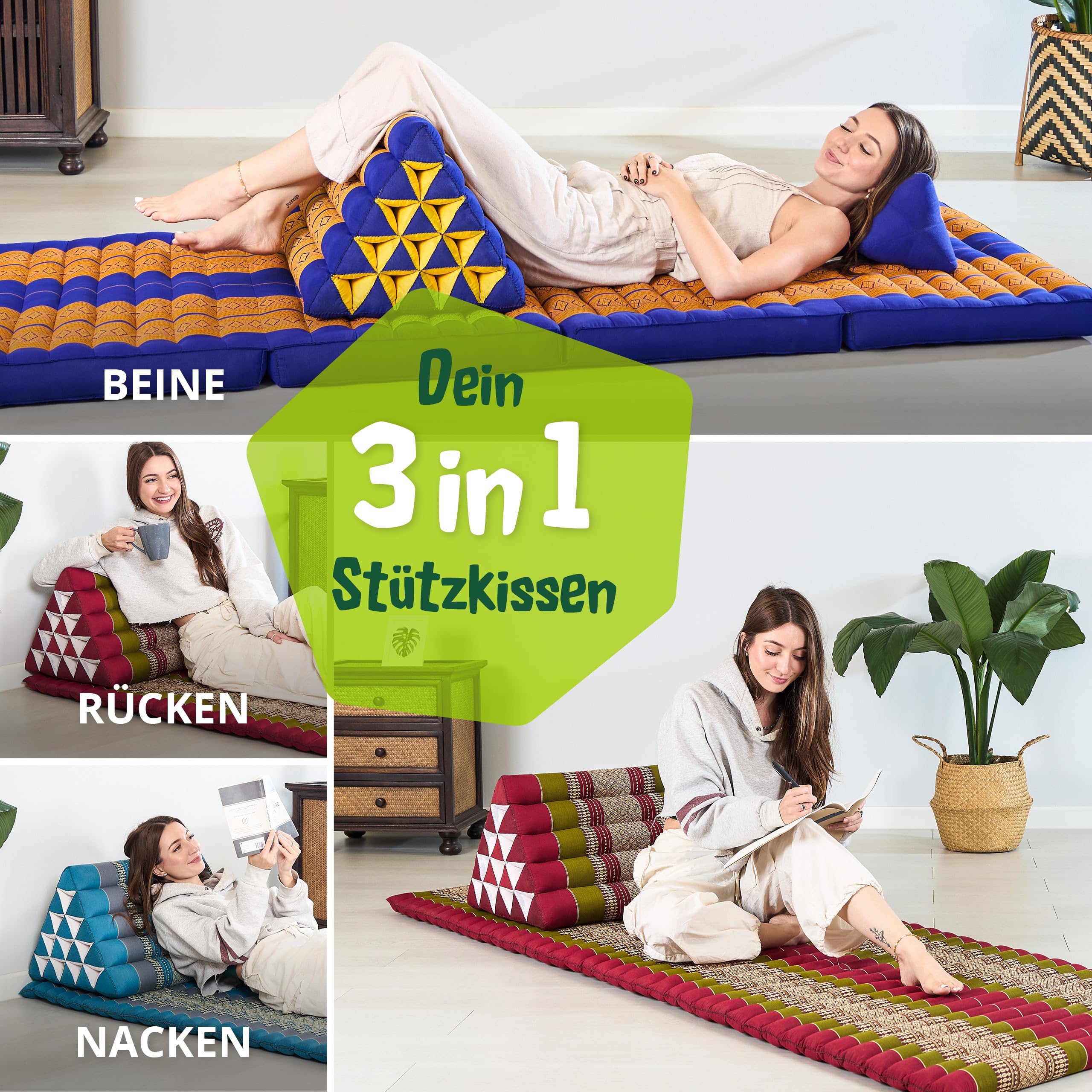 livasia Rückenstützkissen extrahoch - 38x55x35cm - Dreieckskissen für Garten und Balkon, Keilkissen mit Kapok, Lagerungskissen für Beine, handgefertigt, Meditationskissen (Rot/Grün)