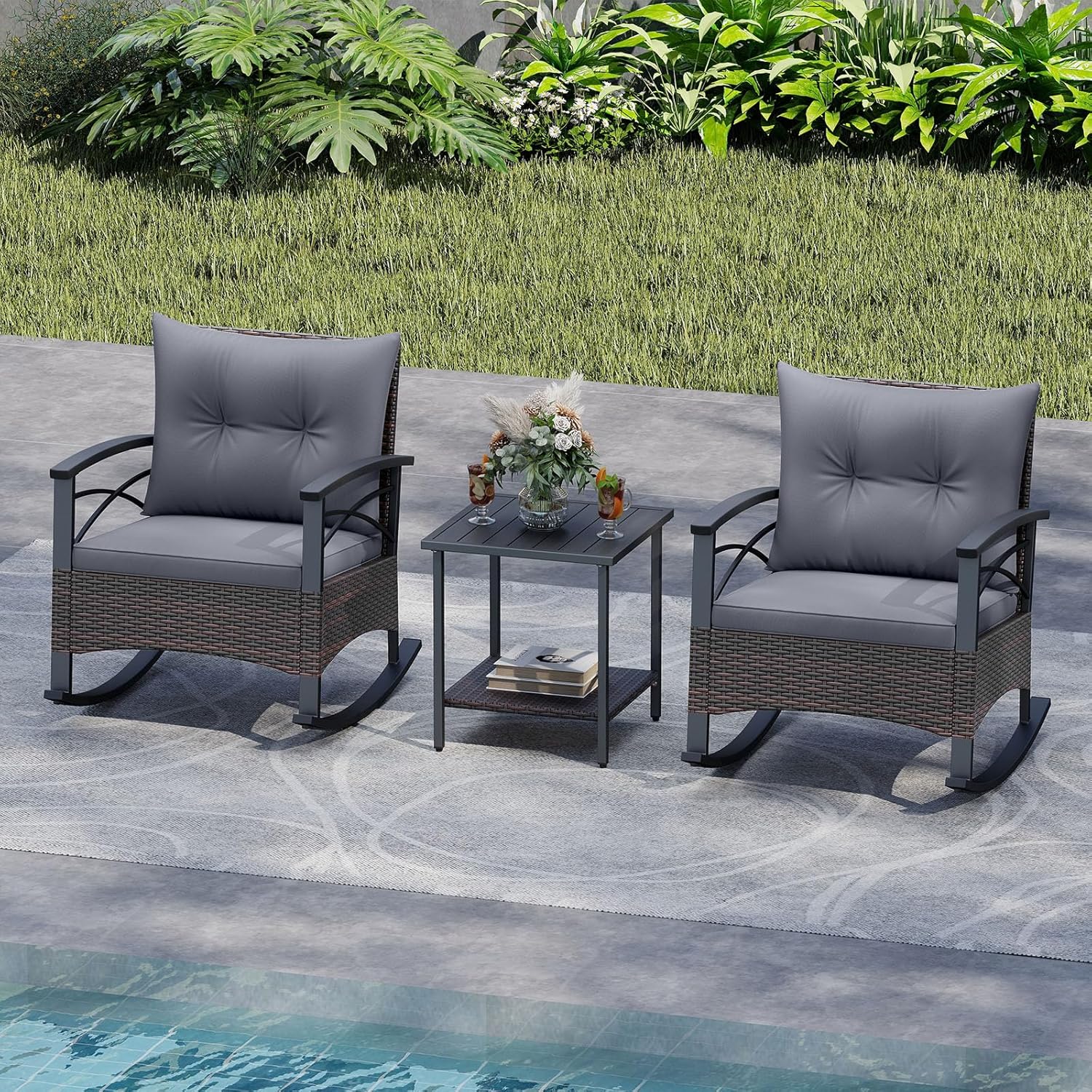 HAPPYGRILL 3 Piece Rocking Bistro Set PE Rattan Rocker Chairs with Table and Cushions, Patio Furniture Outdoor Conversation Set for Front Porch, Garden and Poolside (Gray)