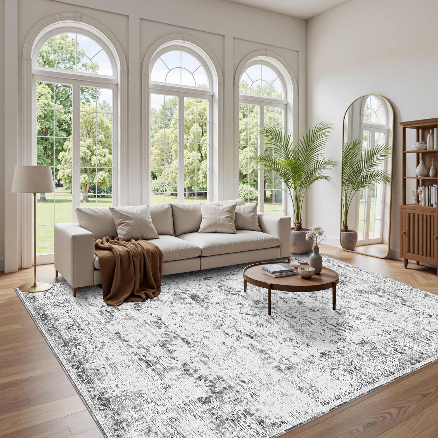 Area Rugs 6x9, Washable Rugs for Living Room, Bedroom, Gery Rug, Vintage Boho Indoor Soft Carpet for Dining Room, Low Pile Rugs for Office, Farmhouse