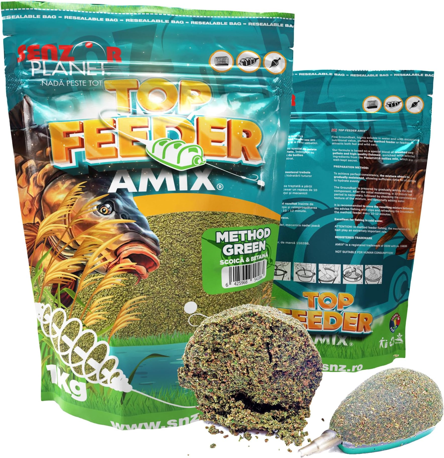Methood Feeder Carp Fishing Food Assorted Flavours Zipped Bag 1kg (Green - Shell Extract and Betaine)